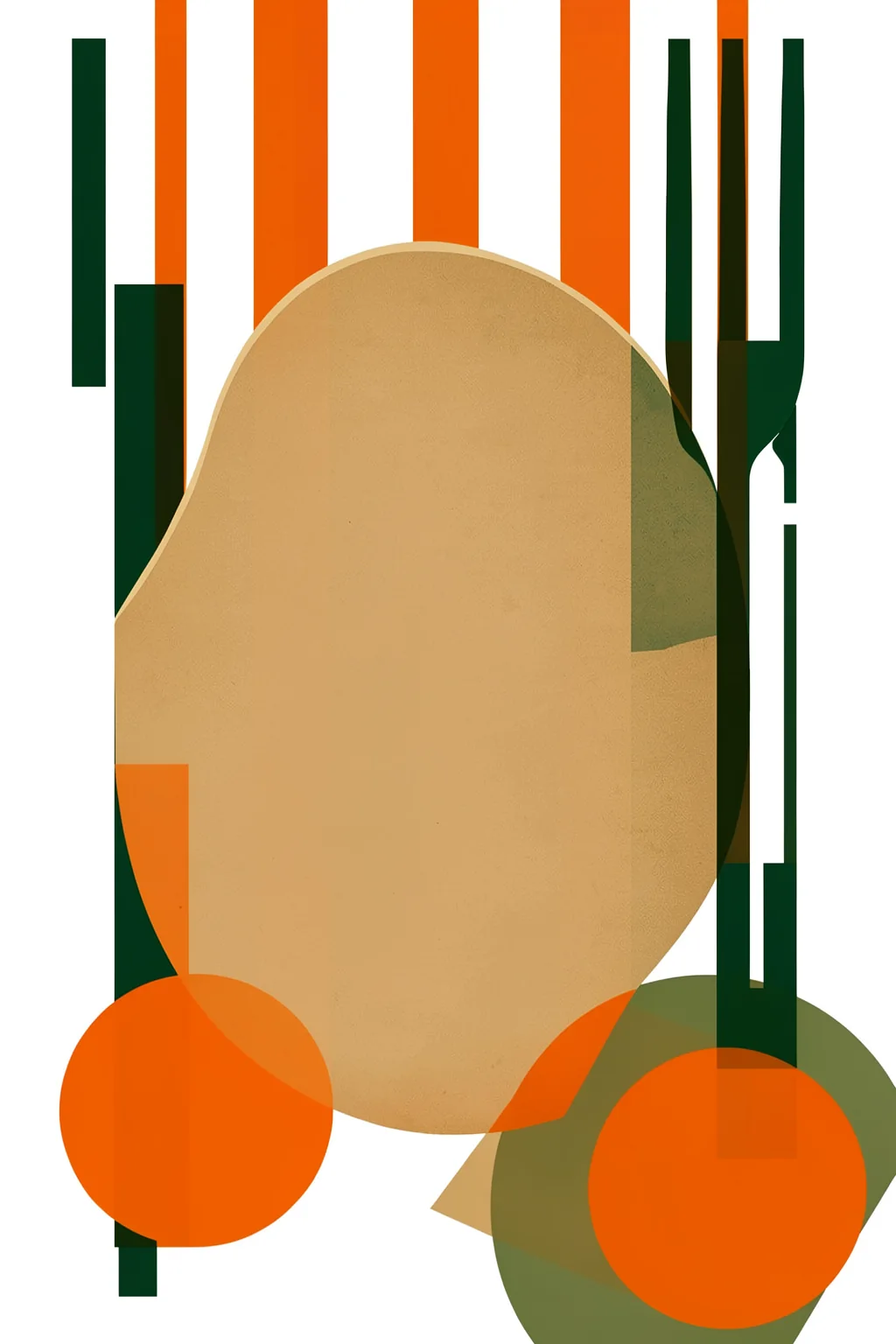 Organic Abstract Forms. A large tan oval and overlapping orange circles sit among dark green vertical bars and blocks in a compact geometric composition.