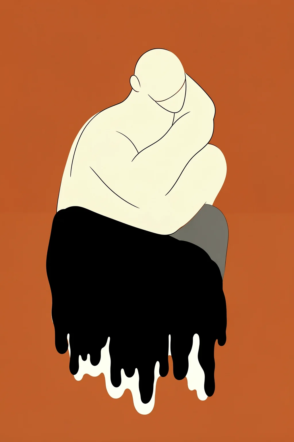 Serene Abstract Figure. A simplified seated figure curls forward with arms around bent knees, rendered in pale cream and black against a rust-orange ground.