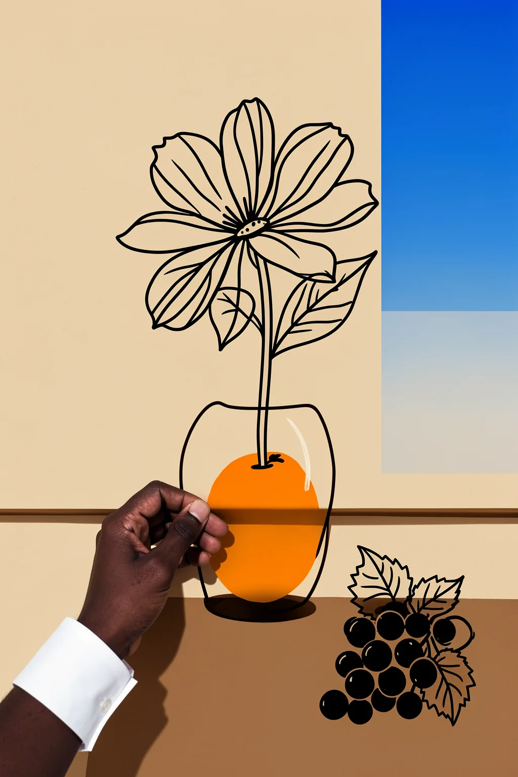 That Orange. A hand reaches toward a clear vase holding a simple line-drawn flower, with an orange bloom and dark grape-like forms on a warm tabletop.