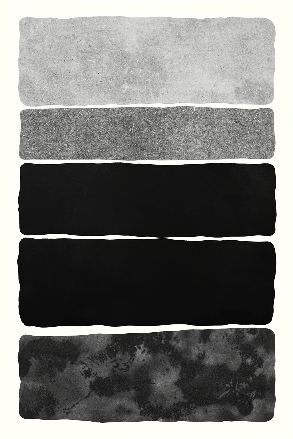 Abstract Black Gray Layers. Five broad horizontal paint swatches—gray, black and mottled charcoal—are stacked vertically on a white background.