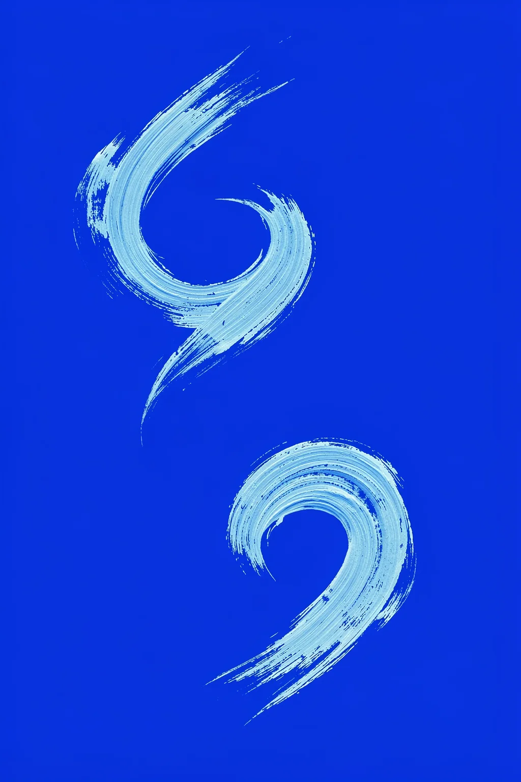 Abstract Blue Flow. Two pale-blue spiral brushstrokes float separately on a vivid cobalt-blue background.