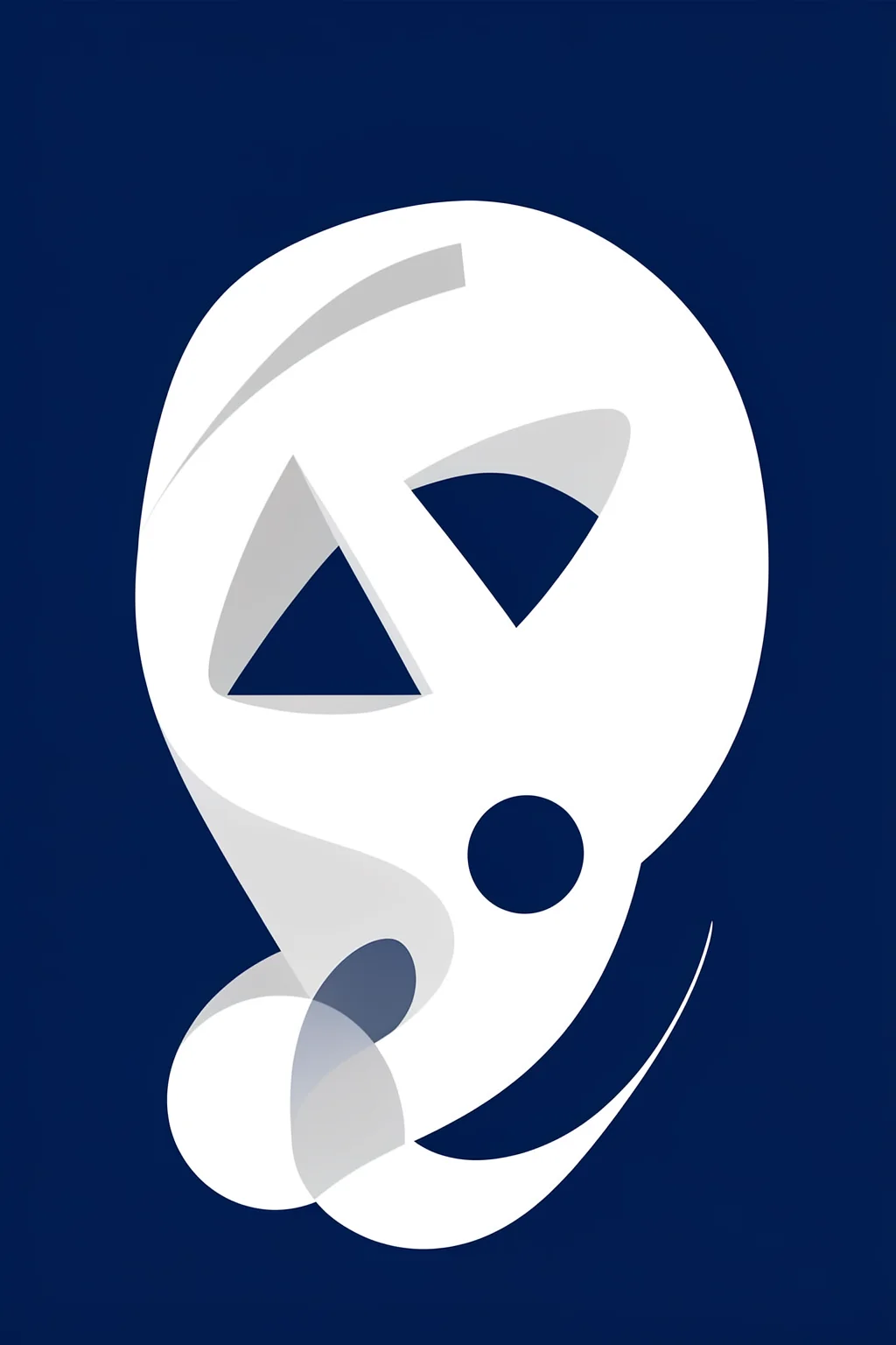 Abstract Blue Flow. Translucent white and gray curved shapes overlap into a tall abstract form, with a small navy circle and fine arcs on a deep-blue field.