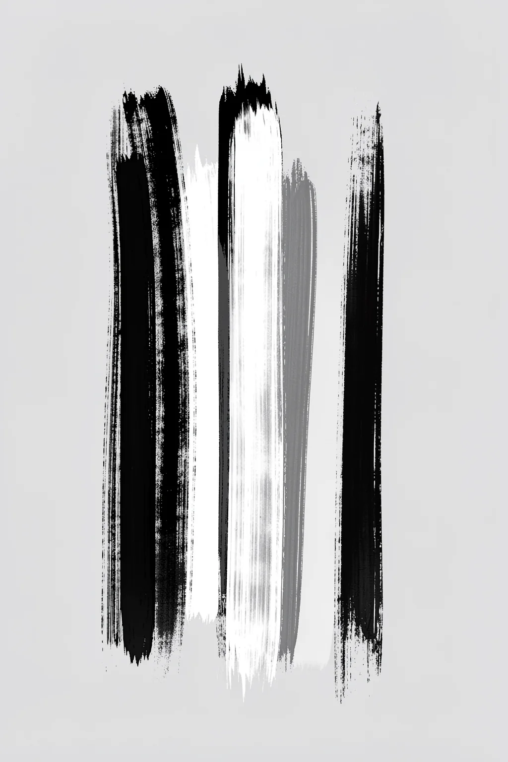 Abstract Brush Strokes 12 300dpi. Several tall black and white brushstrokes run vertically down a pale gray field, with uneven dry-brush edges.