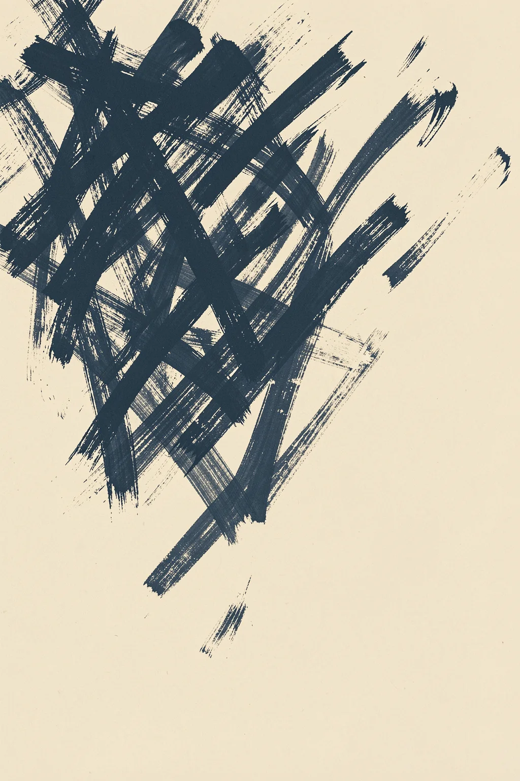 Abstract Brush Strokes 399X. Intersecting navy brushstrokes form a loose crosshatched cluster across a pale tan surface.