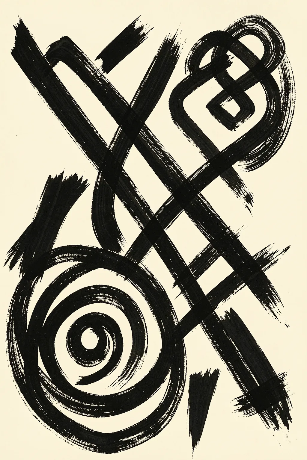 Abstract Brushstroke Pattern. Black dry-brush lines cross and loop around a spiral near the bottom, forming a loose abstract pattern on cream.