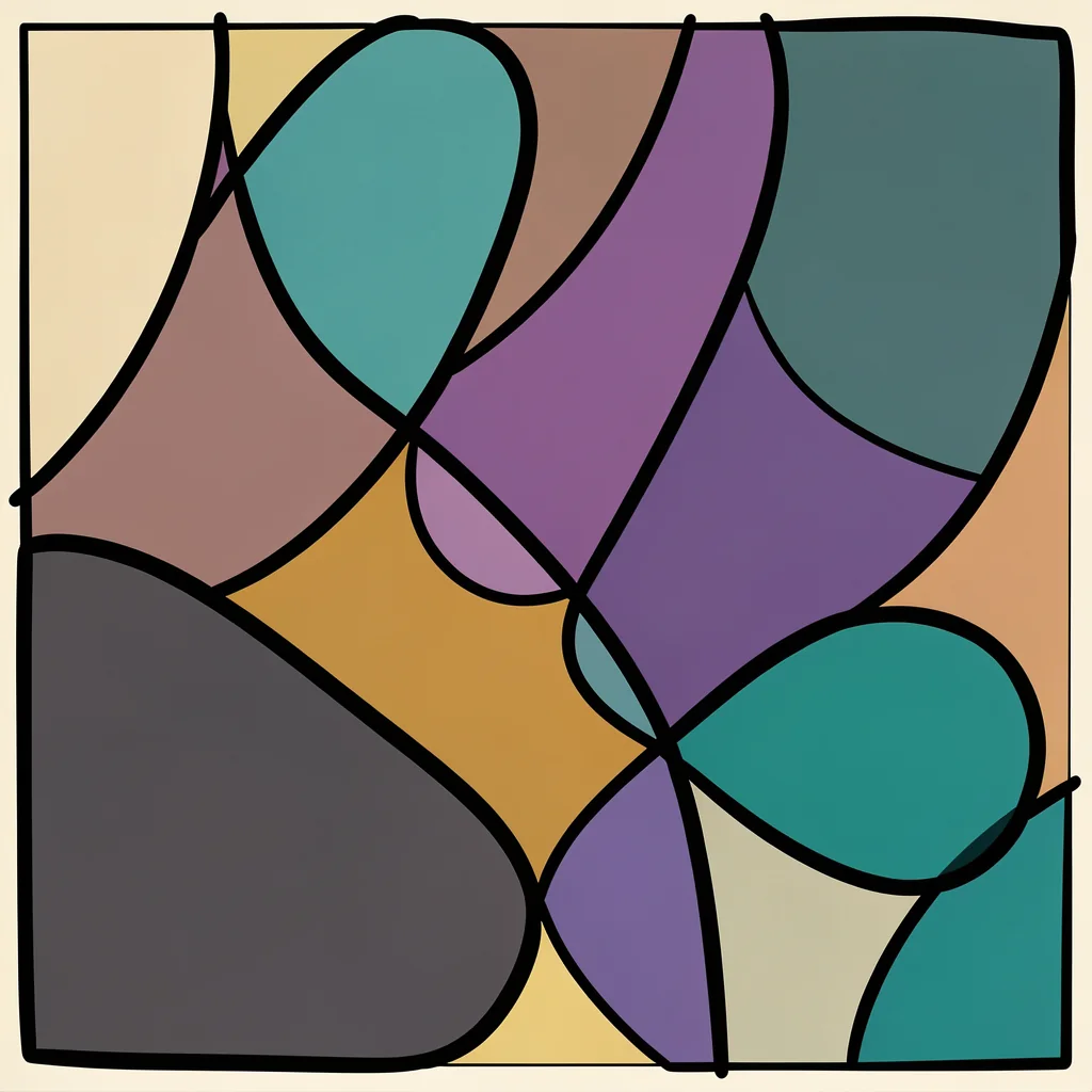Abstract Brushstroke Shapes. A square mosaic of rounded and curved geometric blocks in teal, purple, ochre, gray and dusty pink is outlined in black.