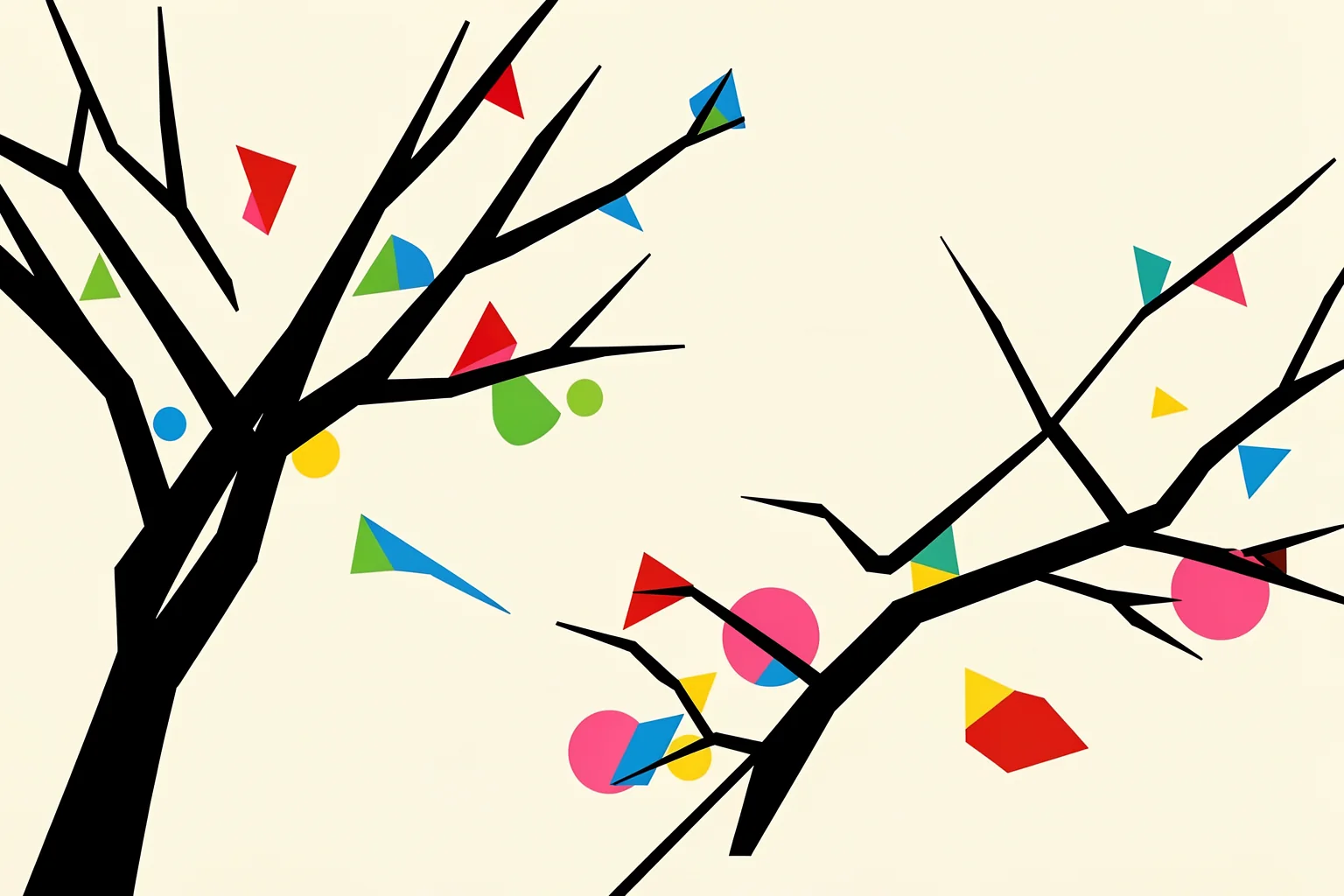 Abstract Colorful Trees. Black branching tree limbs extend across a pale field, decorated with small bright triangles and colored dots.