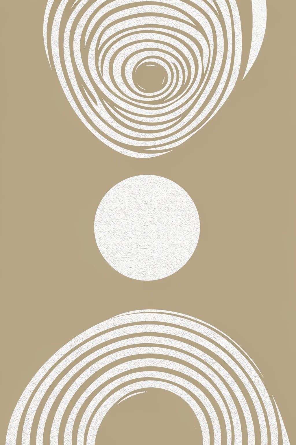 Abstract Desert Arches Moon. Concentric cream arches and a central white circle create a symmetrical desert-inspired arrangement on a muted sand background.