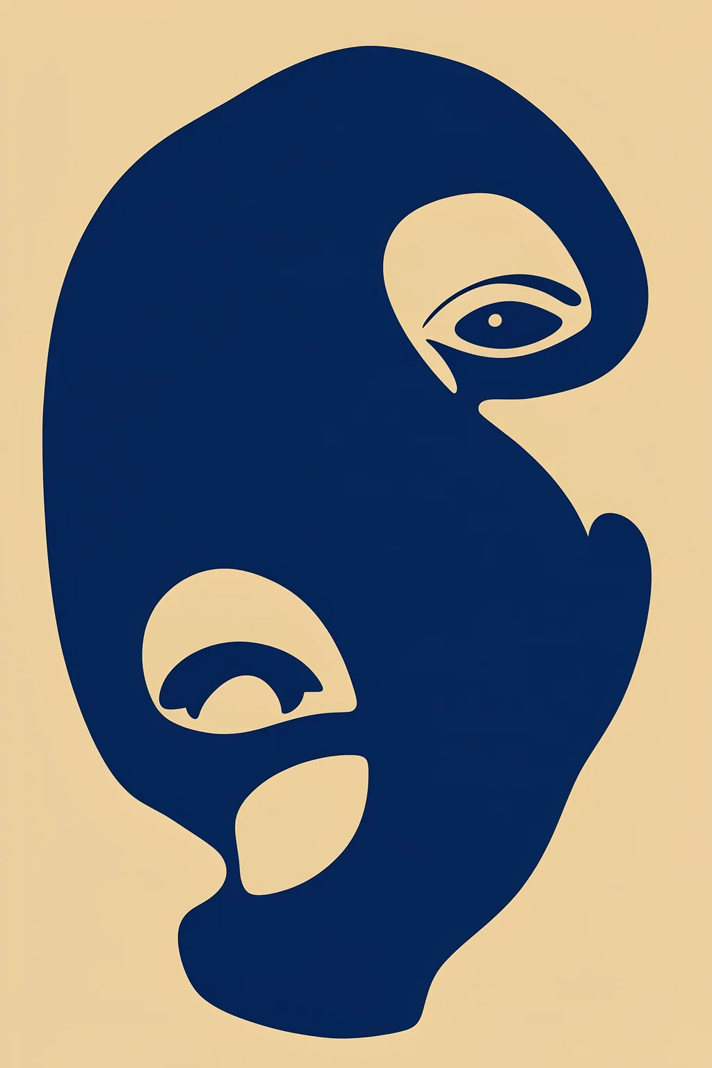 Abstract Face No1.. A bold navy silhouette combines two stylized face profiles in opposite directions against a warm ochre background.