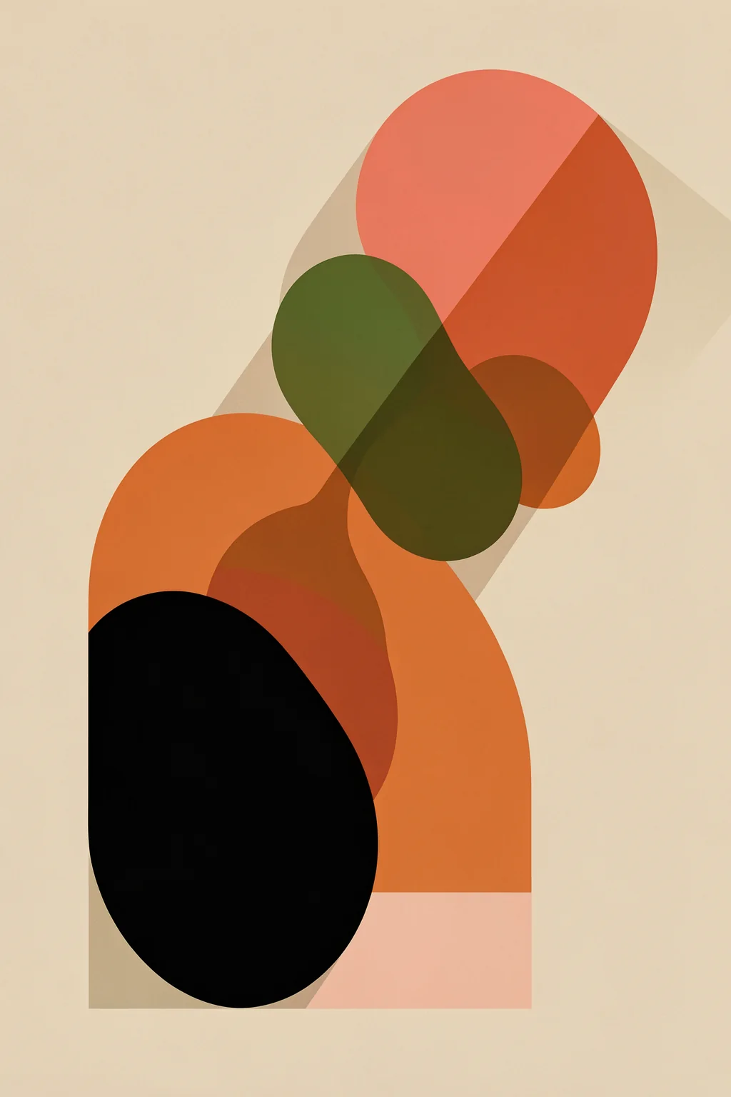 Abstract Flowing Forms. Rounded orange, coral and dark-green forms overlap within a pale rectangular field, with a large black oval at the lower left.