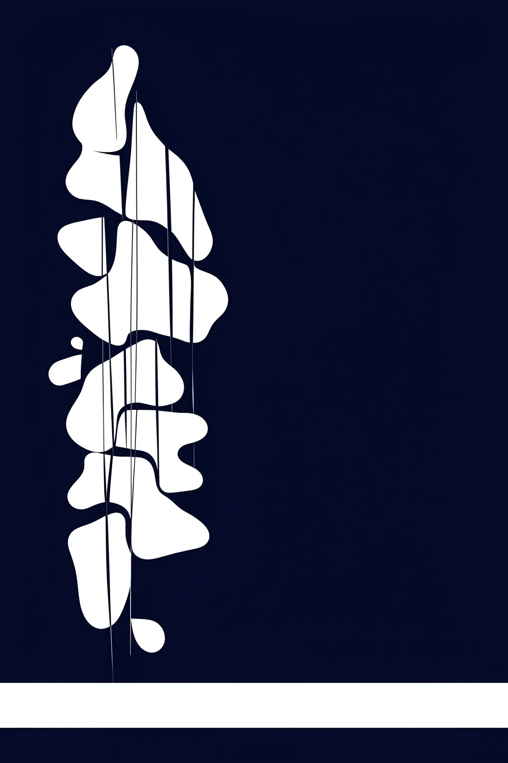 Abstract Fluid Forms. White fluid vertical marks and a fine central line appear on a deep navy panel bordered by white horizontal bands.