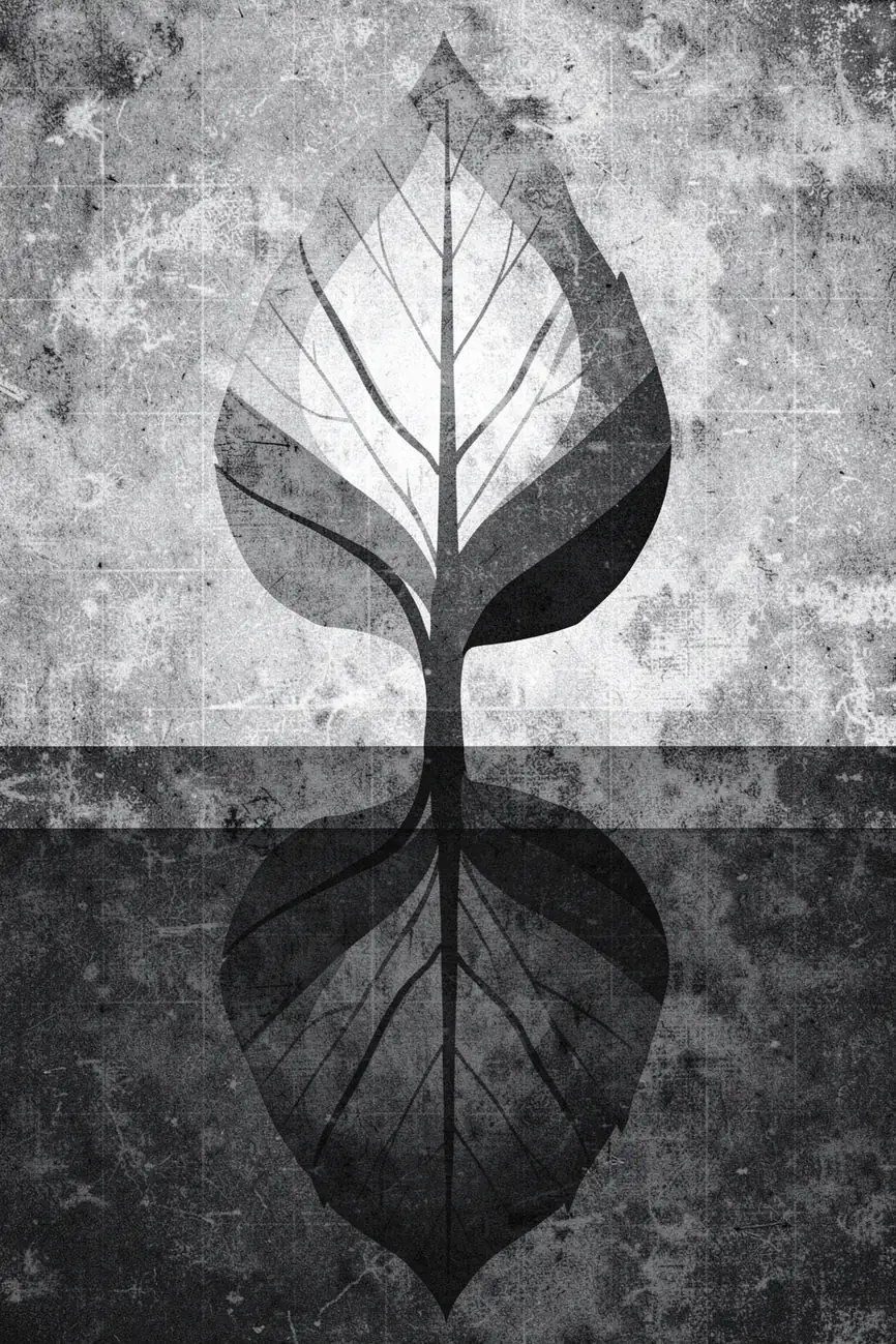 Abstract Grey Botanicals. A mirrored leaf-like botanical form is rendered in black and gray over a distressed monochrome background.
