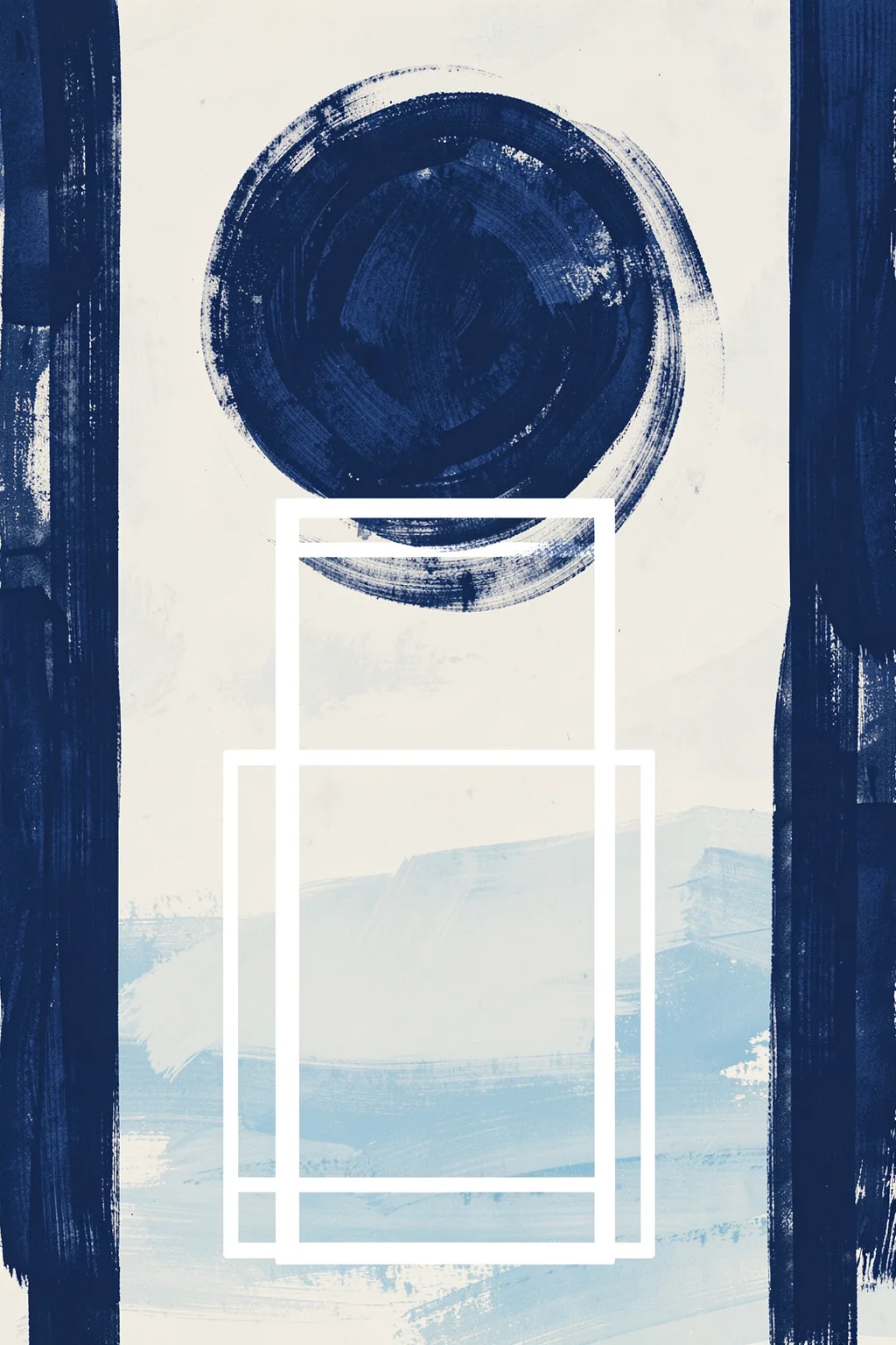 Abstract Indigo Forms. A dark navy circular brush mark and vertical strokes layer over pale blue washes and white rectangular outlines.