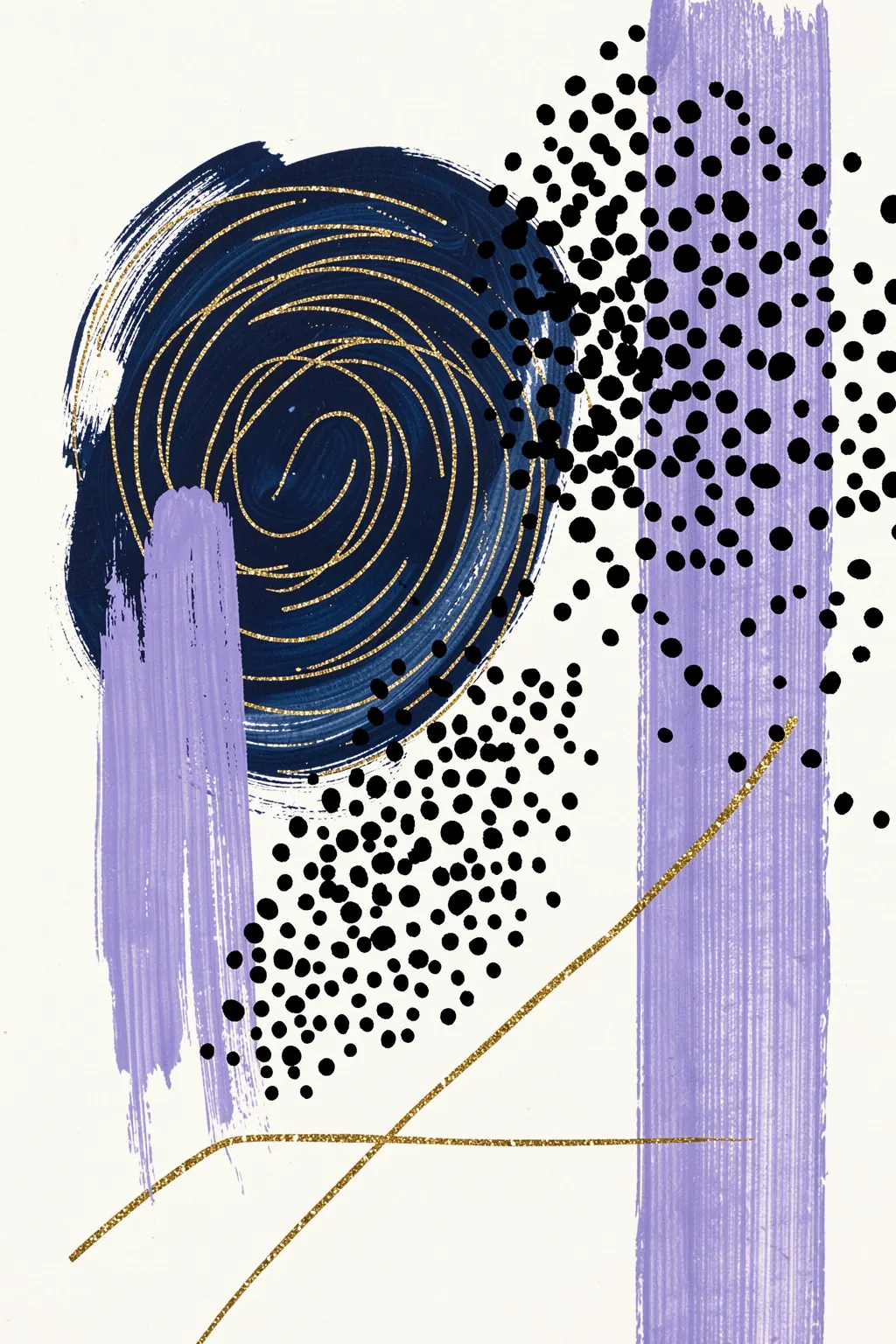 Abstract Indigo Gold Shapes. A navy spiral with thin gold rings is surrounded by dense black dots, lavender bars and intersecting gold lines on white.
