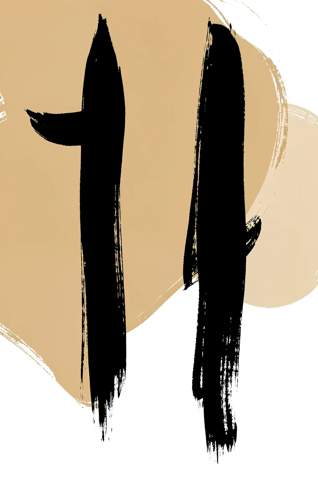 Abstract Interlocking Lines. Two tall black dry-brush strokes stand over a large pale ochre circle on a warm beige background.