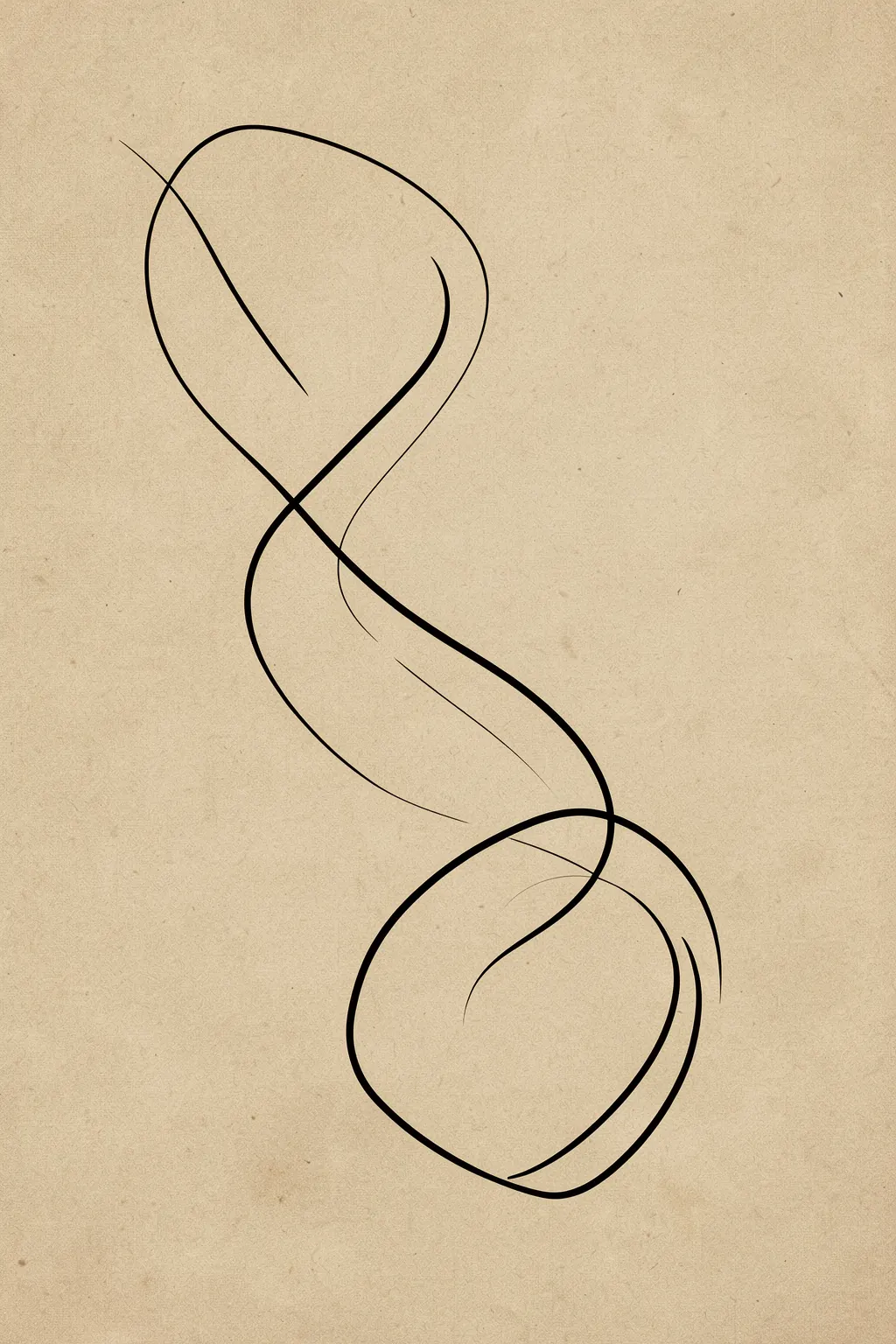 Abstract Line Flow. A thin black line draws two connected looping curves from top to bottom on textured tan paper.