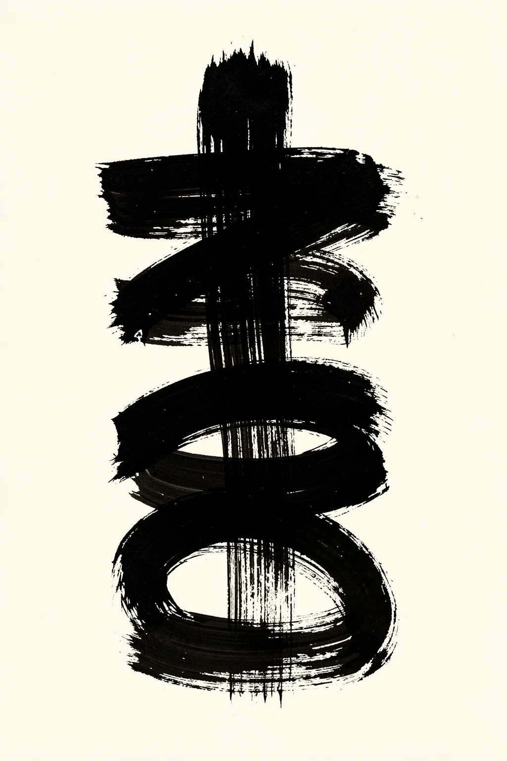 Abstract Linear Flow. Dense black brushstrokes form a vertical stack of looping horizontal bands on an ivory background.