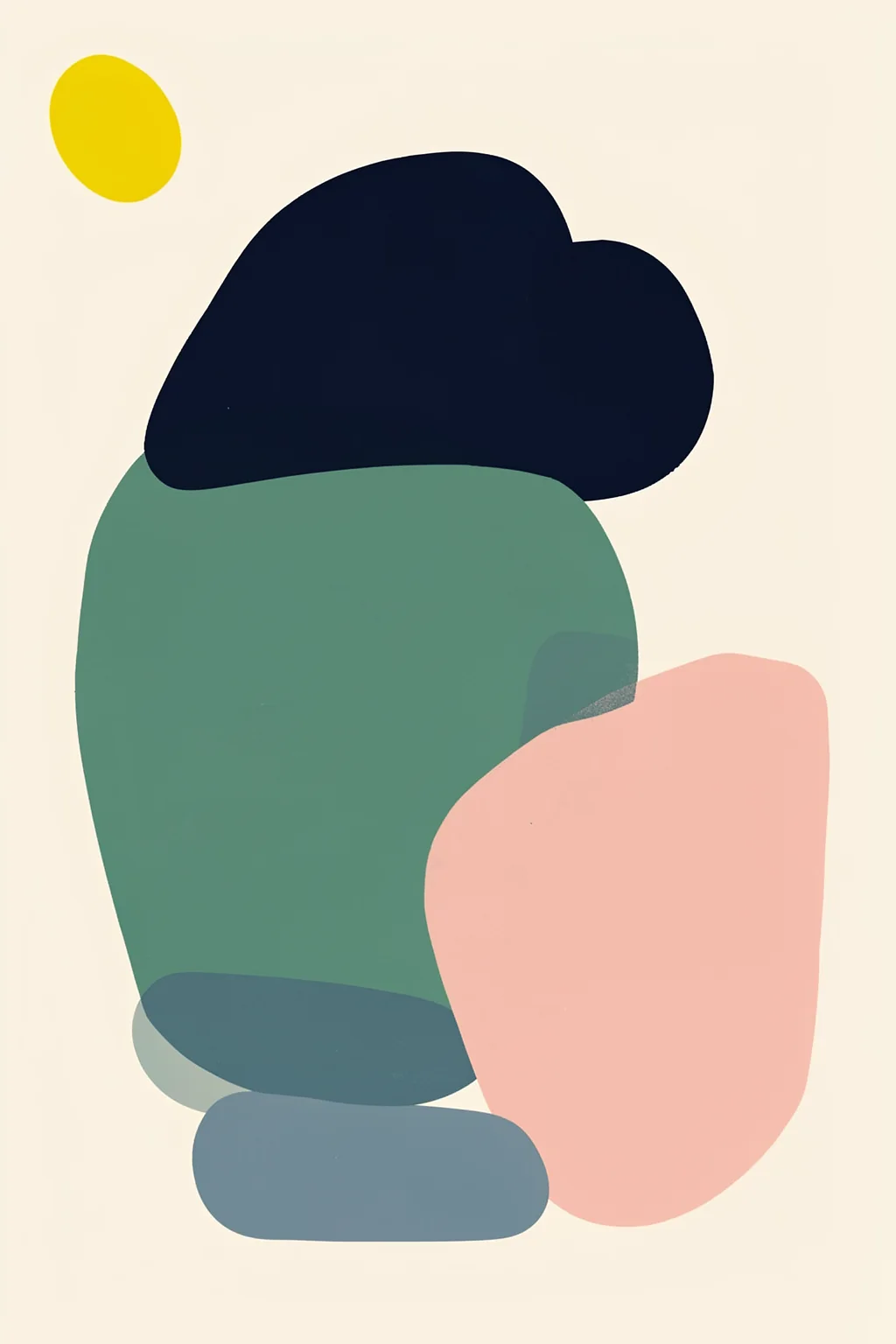 Abstract Stacked Shapes. Rounded navy, sage, dusty-pink and blue-gray shapes stack loosely on cream, with a small yellow circle above.