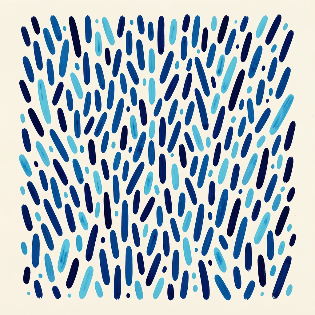 Blue Harmony Shapes. Rows of short navy and cyan brush marks are scattered evenly across a white background.