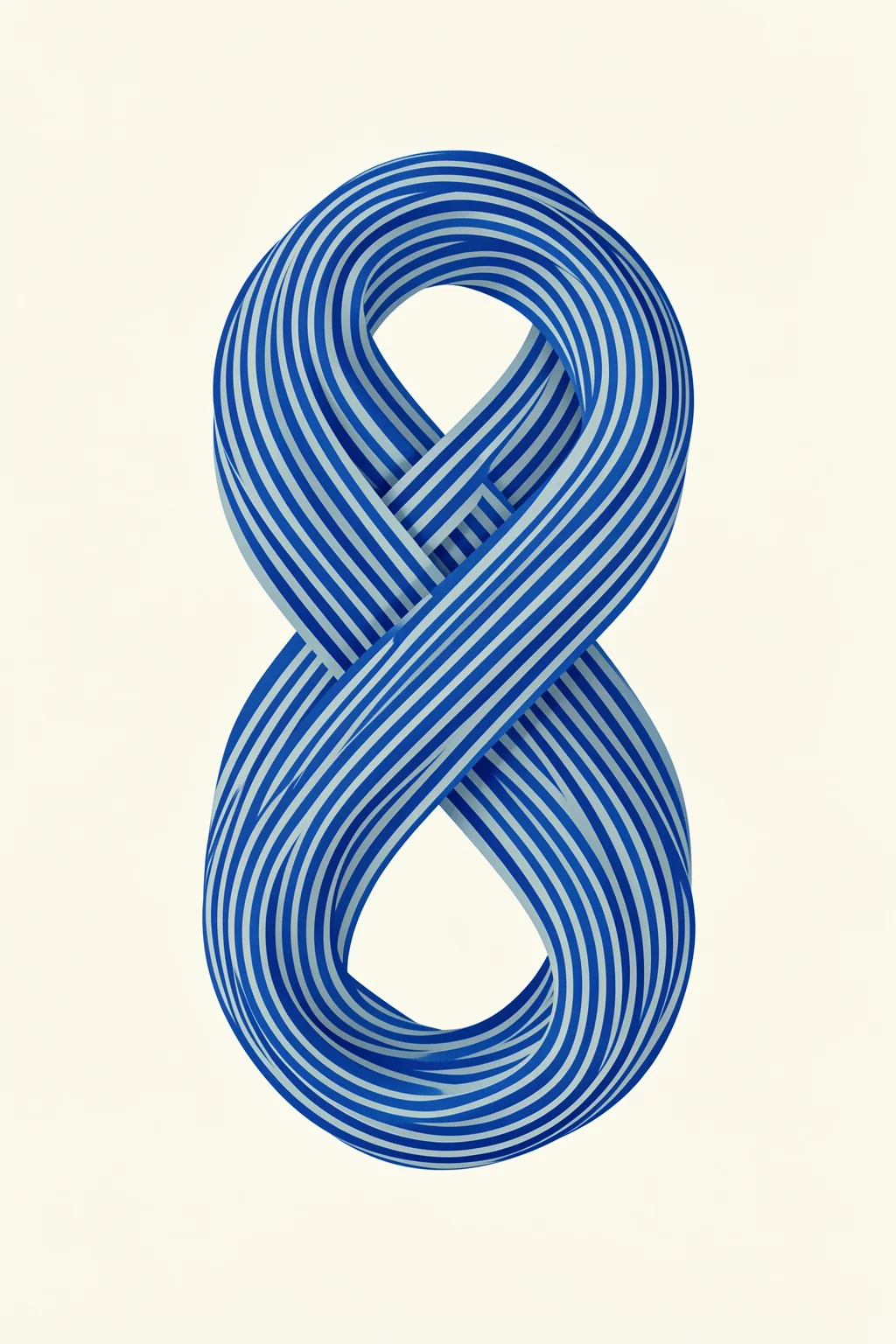 Blue Infinity Loop. A tall infinity loop is built from closely spaced alternating blue and pale lines on a cream background.