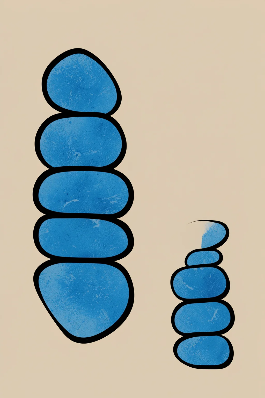 Blue Organic Shapes. Two stacks of blue rounded pebble-like forms with thick black outlines sit against a beige background.