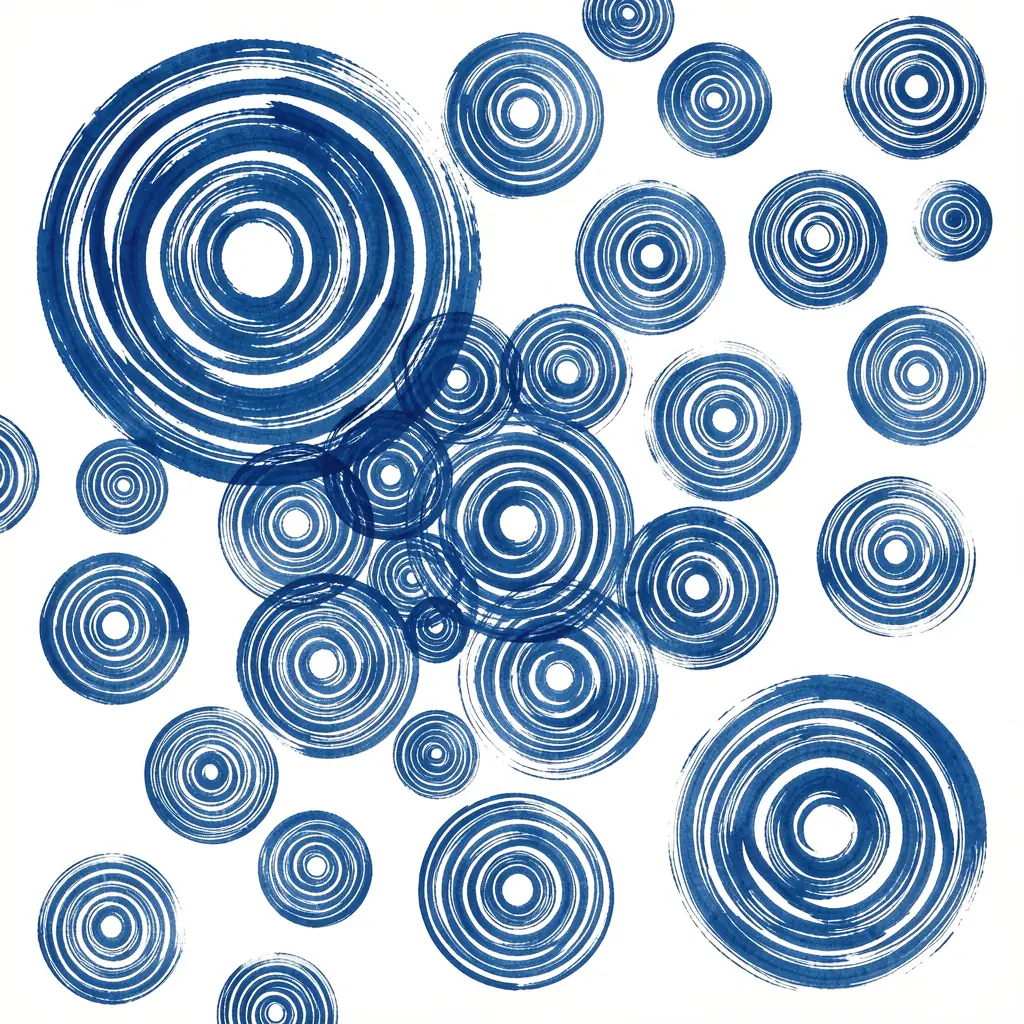 Blue Spiral Dance. Many blue concentric spiral circles of different sizes are scattered across a white background.