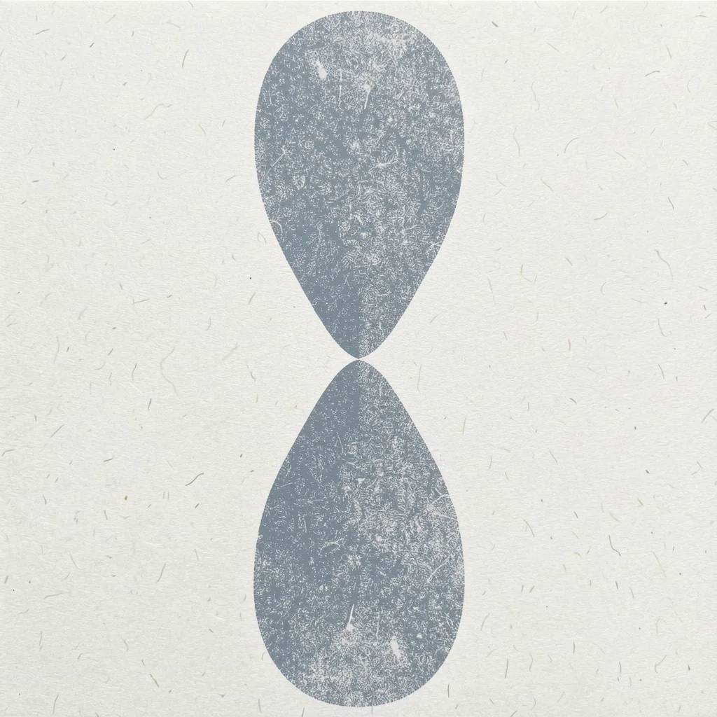 Blue Symmetry. Two pale gray textured ovals meet in a vertical figure-eight arrangement on cream.