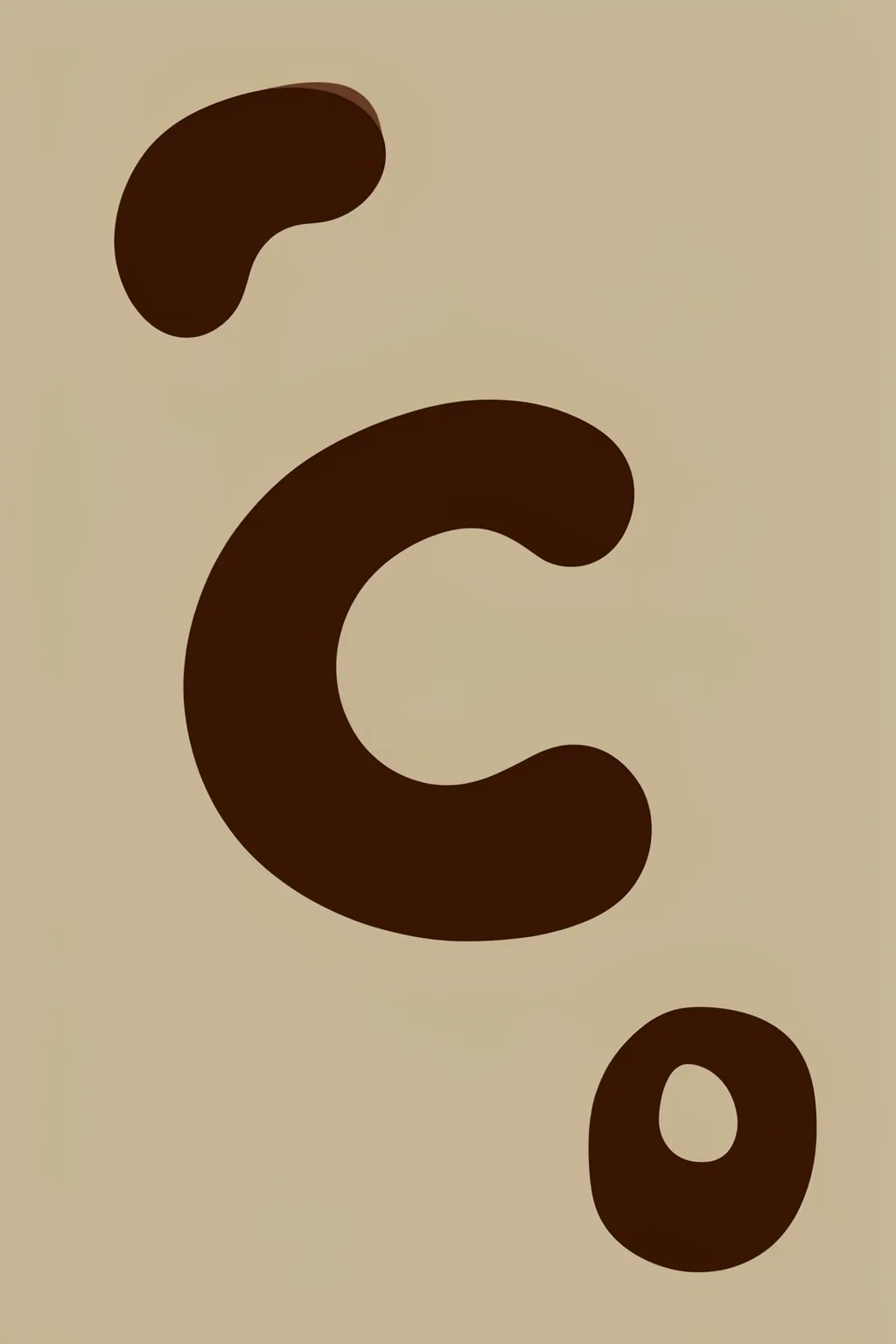 Bold Brown Form. Three dark-brown rounded forms—a bean-like shape, a large open crescent and a small ring—float separately on a muted beige background.