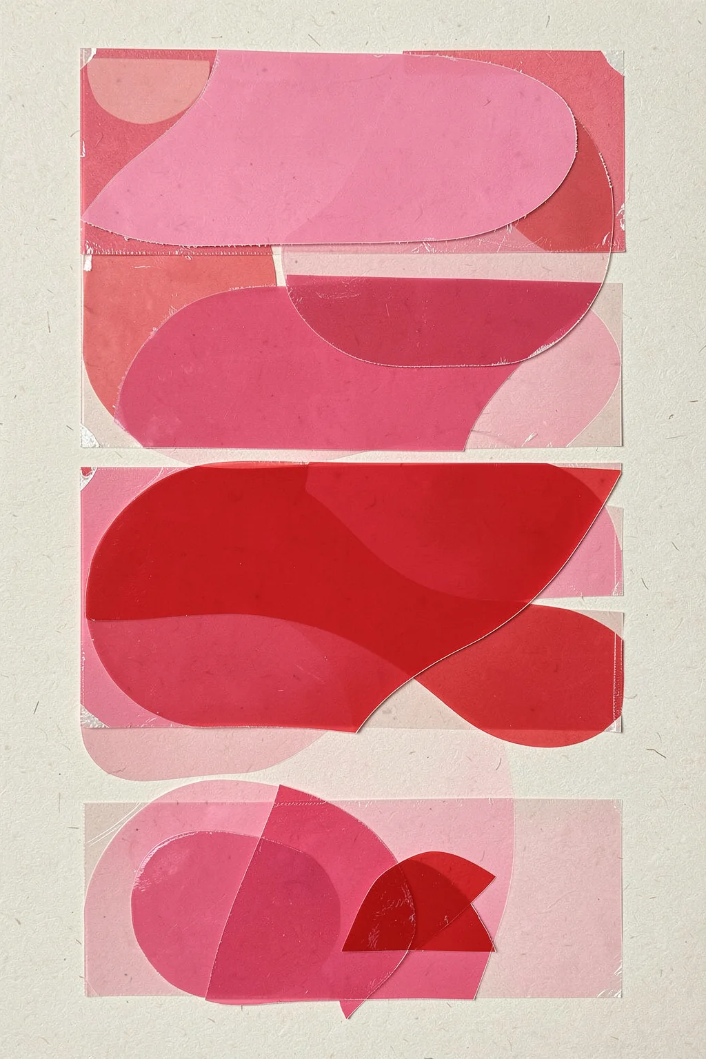 Bold Pink Shapes. Layered pink and red rounded shapes overlap in four horizontal bands, with translucent edges and a lightly textured cream ground.