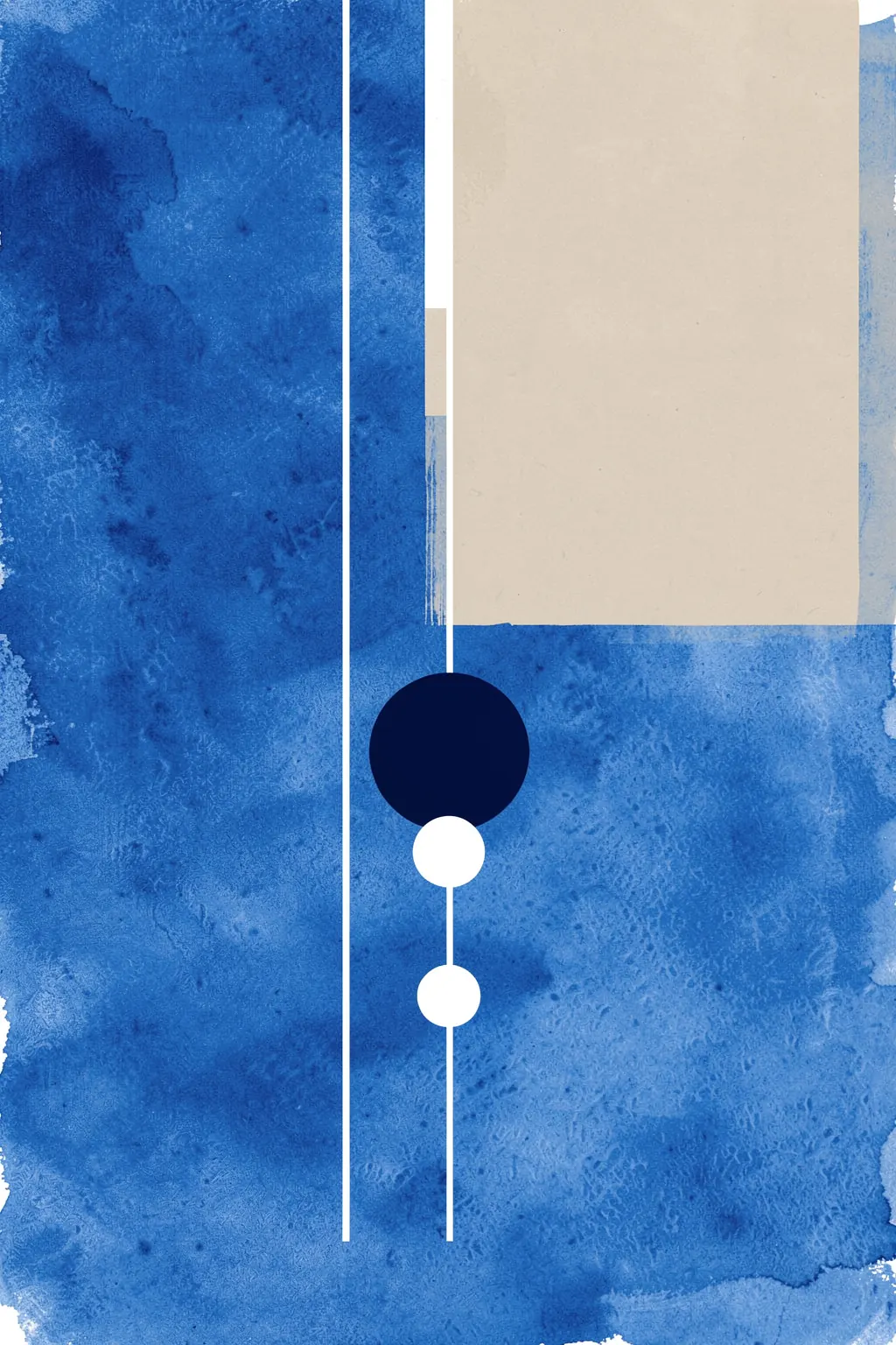 Calm Geometric Blue. A textured cobalt-blue field is interrupted by a tall cream rectangle; a thin white line runs through navy and white circles near the center.