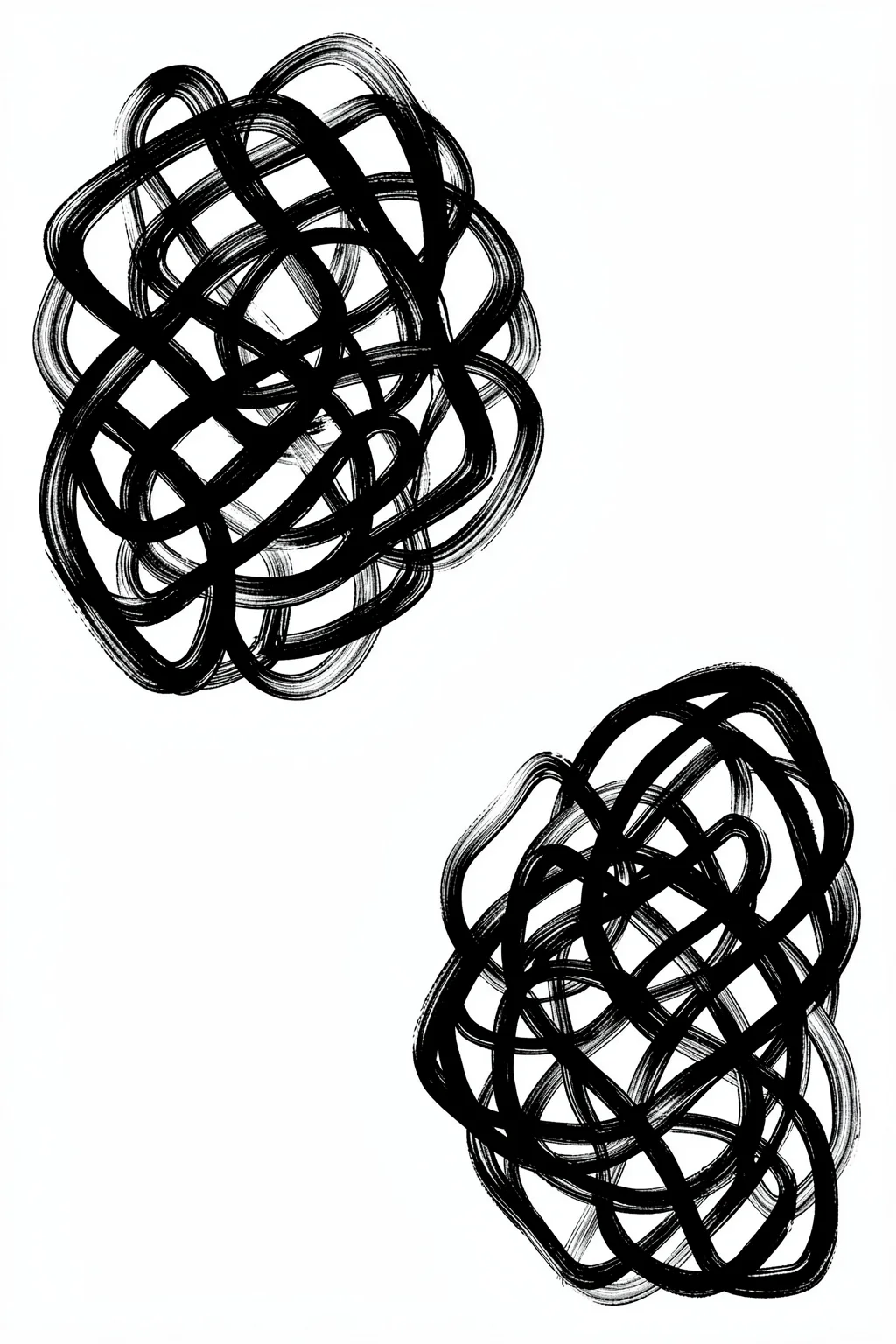 Chaotic Lines Dance. Two separate tangles of looping black brush lines sit diagonally on a plain white field.