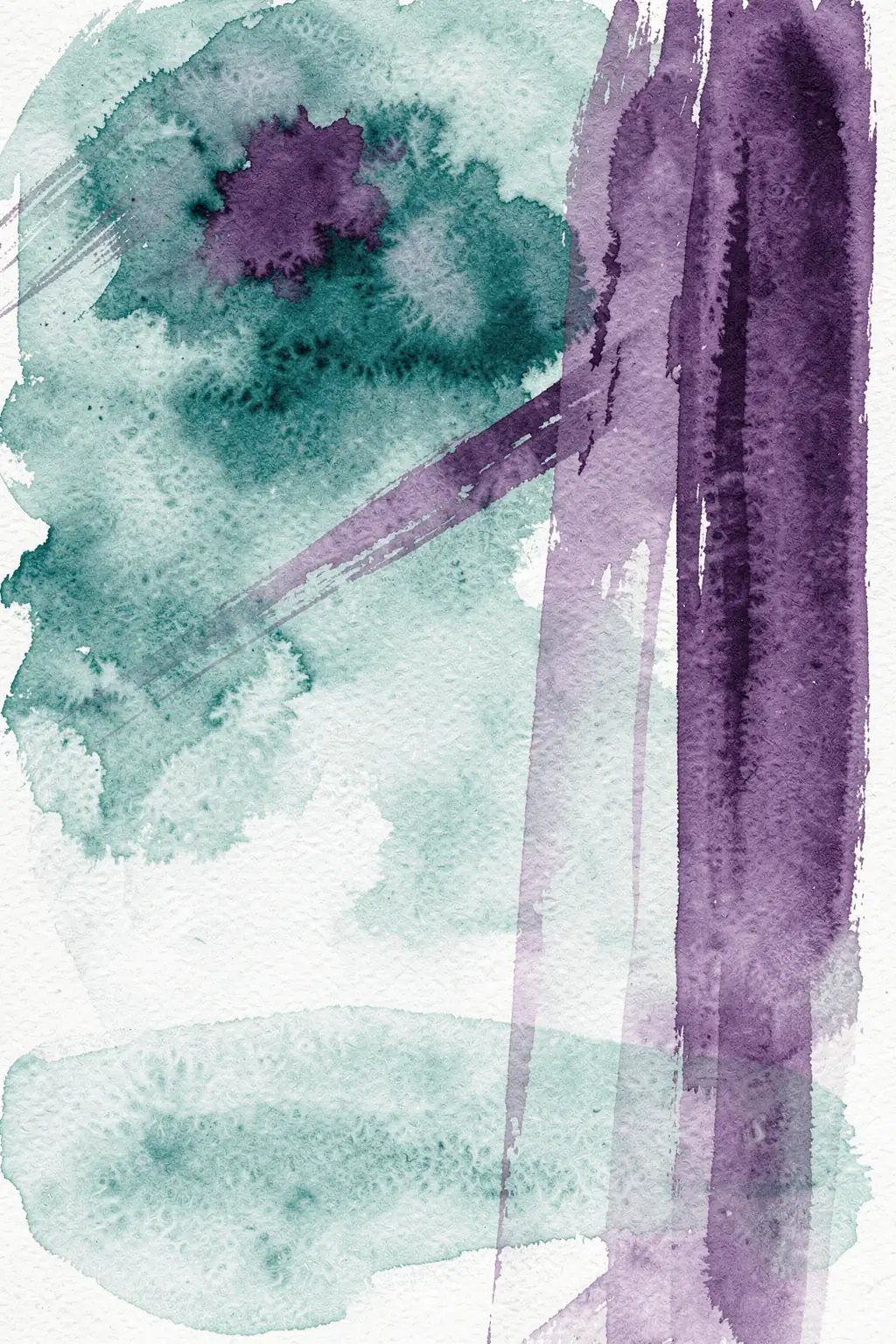 Deep Ocean Abstract. Soft turquoise washes and vertical plum brushstrokes overlap in a textured watercolor composition on an off-white ground.