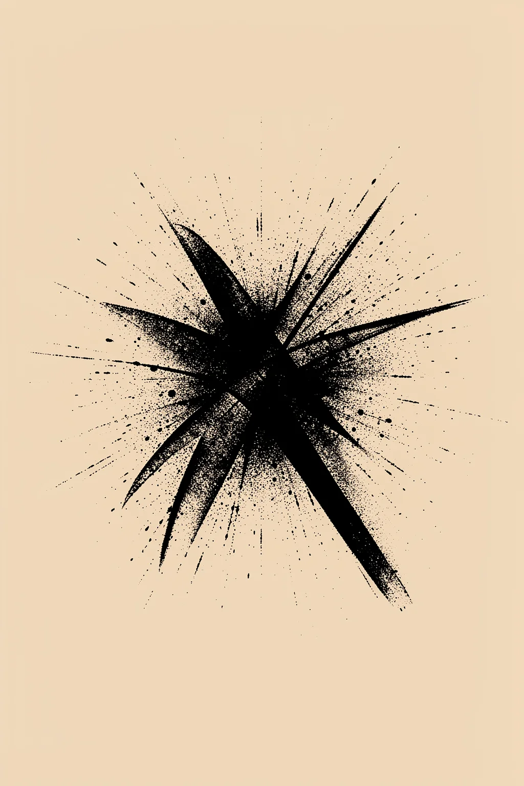 Dynamic Ink Burst. A dense black ink burst radiates into fine splatters and sharp brush spikes across a warm beige background.