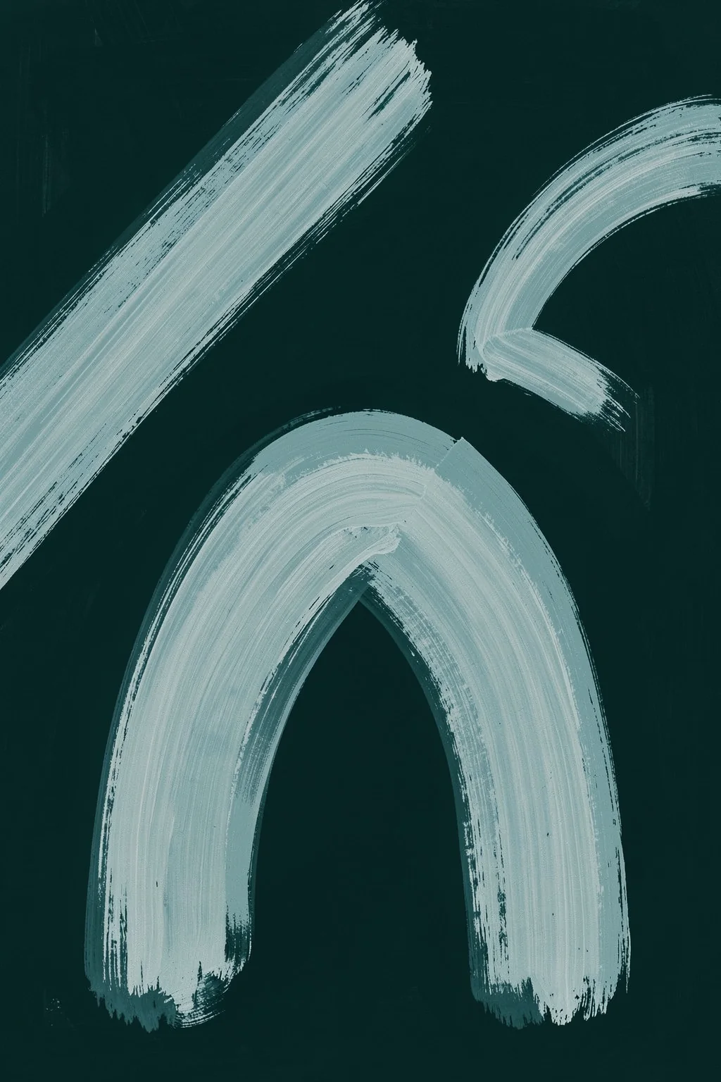 Fluid Aqua Arches. Broad pale blue-grey brushstrokes form two loose arch shapes against a deep green-black background.