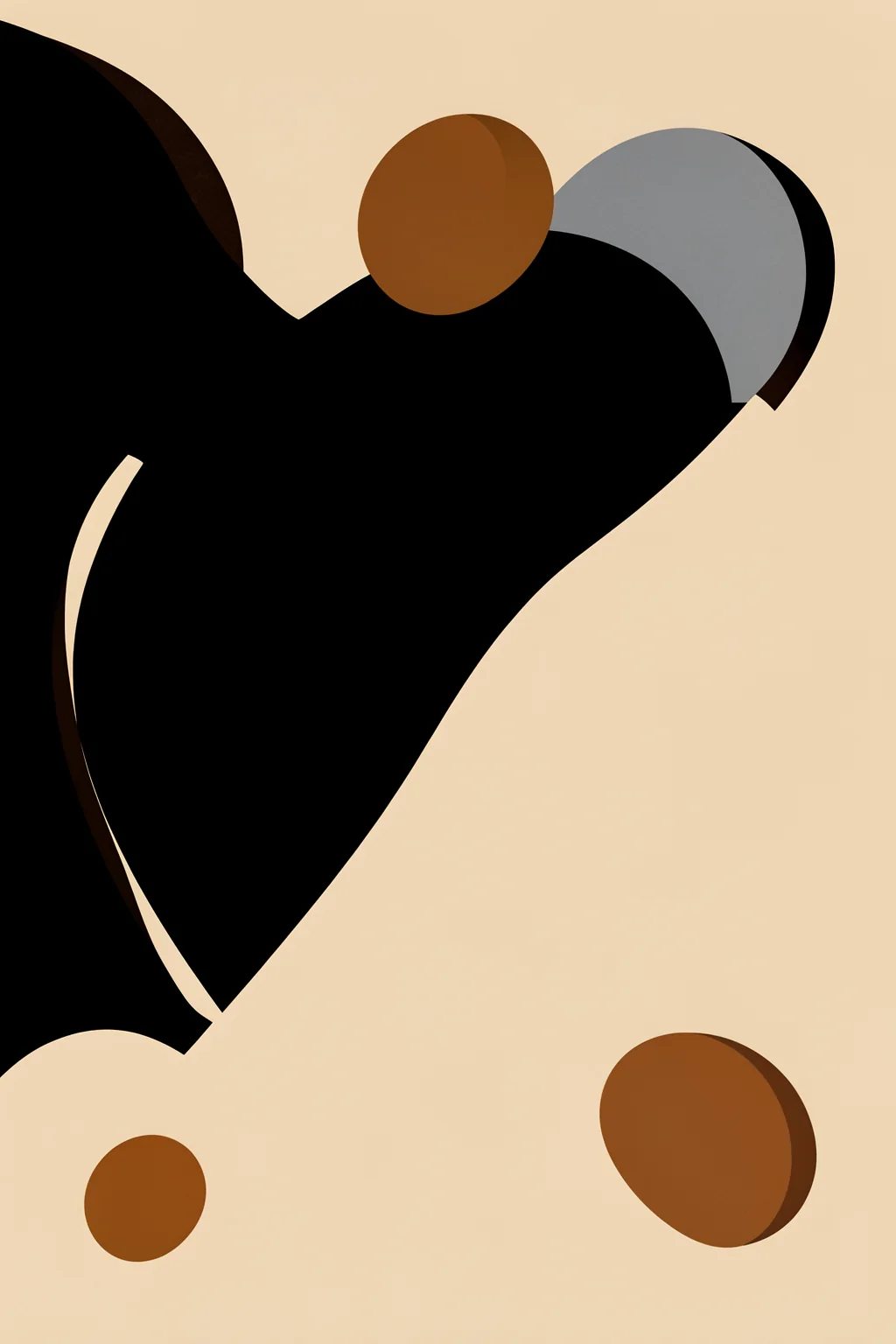 Fluid Geometrics. A large flowing black curve fills the left side of a pale beige field, with grey and brown circles arranged near the top and bottom.