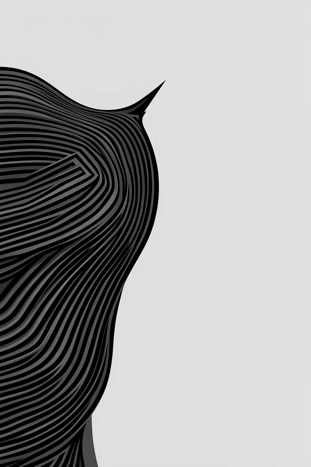 Forms. Dense parallel black and charcoal curves sweep inward from the left edge across a pale grey background.