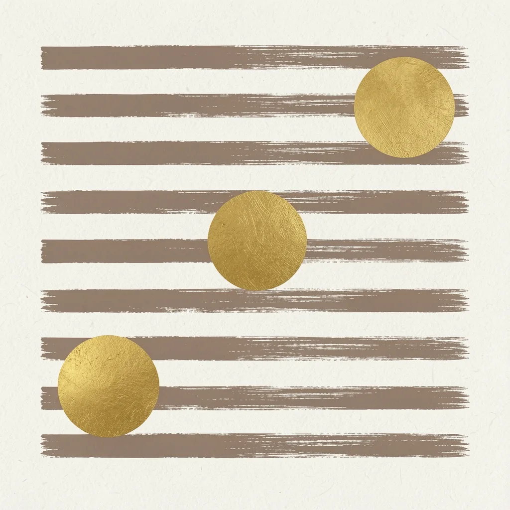 Golden Harmony. Three textured gold circles sit at different points over a stack of thin horizontal taupe brushstrokes on a pale ground.