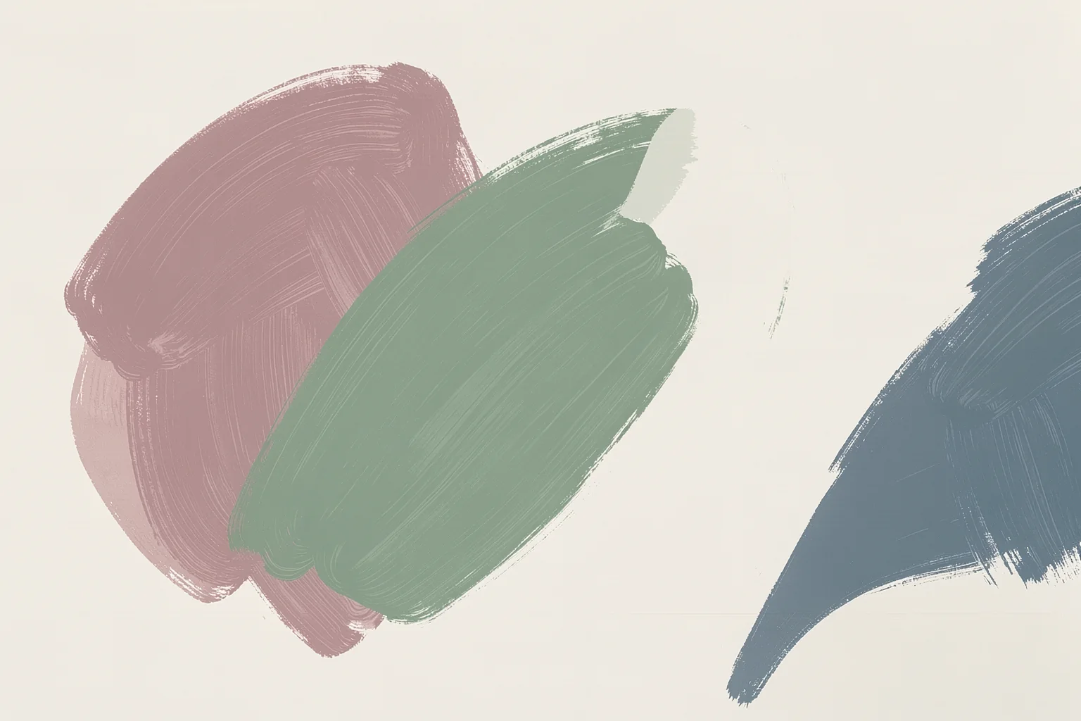 Ipa II. Overlapping broad brushstrokes in dusty mauve, muted sage and blue-grey spread across a pale cream background.
