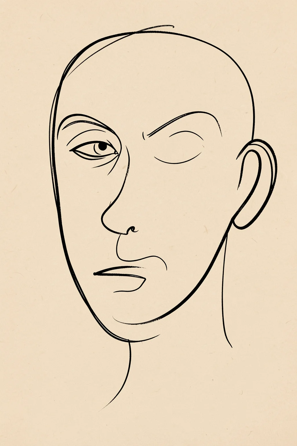 La Visage. A minimalist black line drawing shows a bald face with one eye open and the other closed against warm off-white paper.