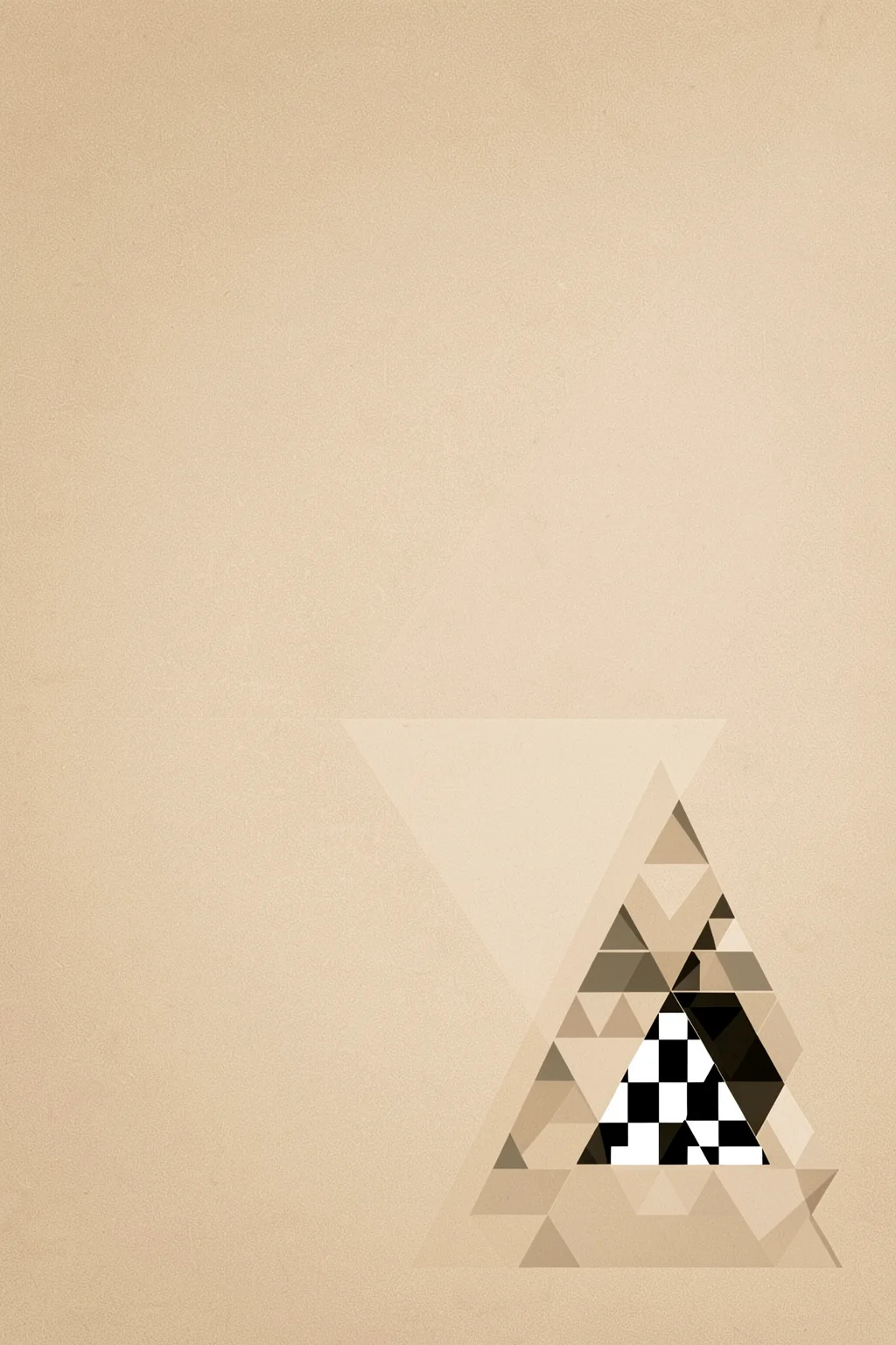 Layered Geometric Triangles. Translucent beige triangles overlap near the lower right, where a small black-and-white checkerboard triangle sits within the layered geometry.