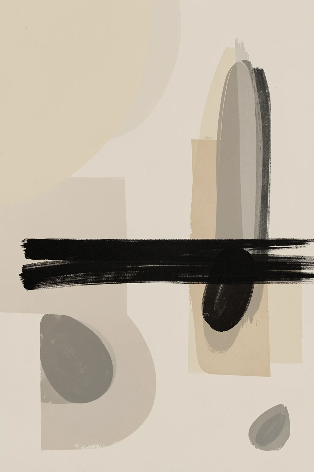Modern Abstract Shapes. A wide black brushstroke crosses translucent grey and beige rounded forms on a pale ground.
