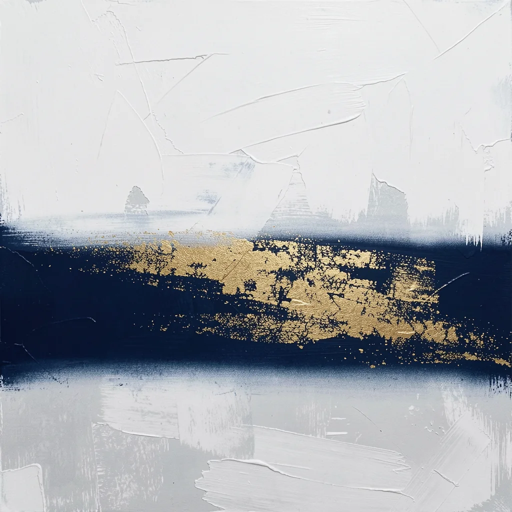 Modern Gold Blue Abstract. A broad navy band with scattered gold-colored flecks runs between heavily textured white brush fields.