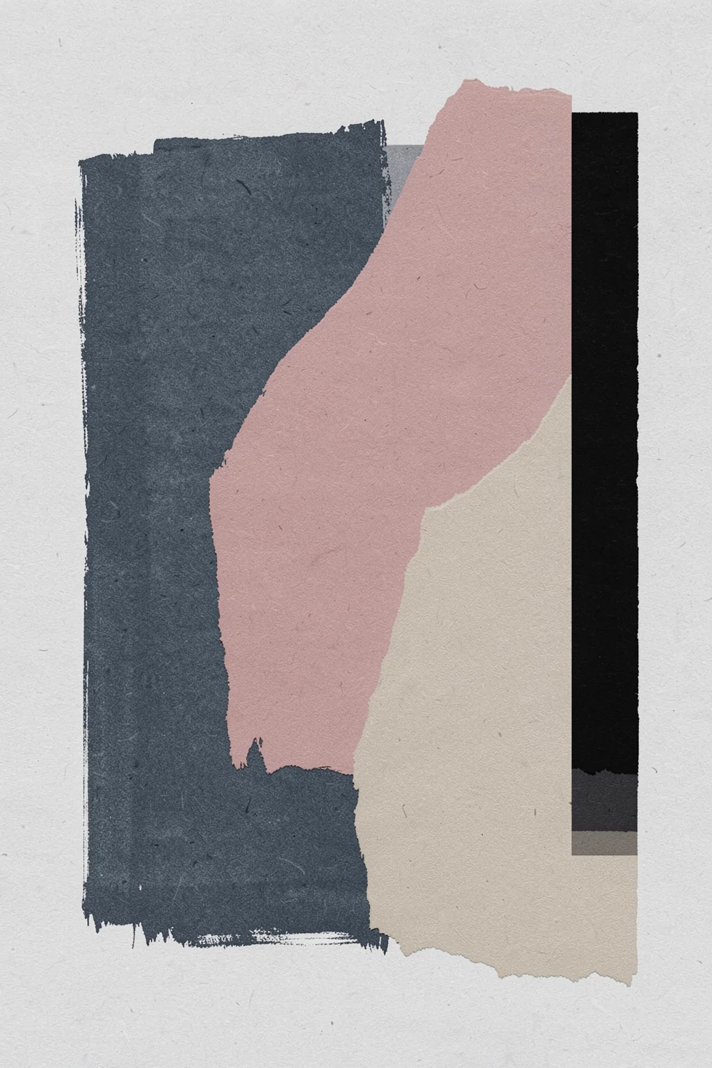 Pieces 2. Rough-edged blocks of slate blue, dusty rose, cream, and black overlap vertically, with a broad curved rose form cutting through the center.