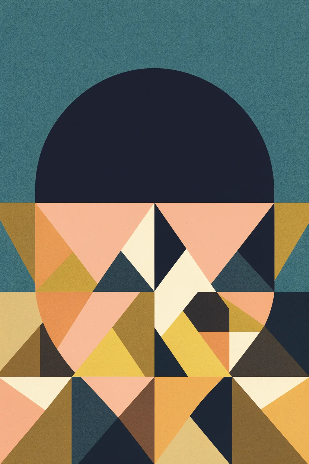 Rainbow Plus Shapes Blue Mustard4. Rows of triangles in peach, mustard, cream, teal, and navy surround a large dark semicircle in this geometric pattern.