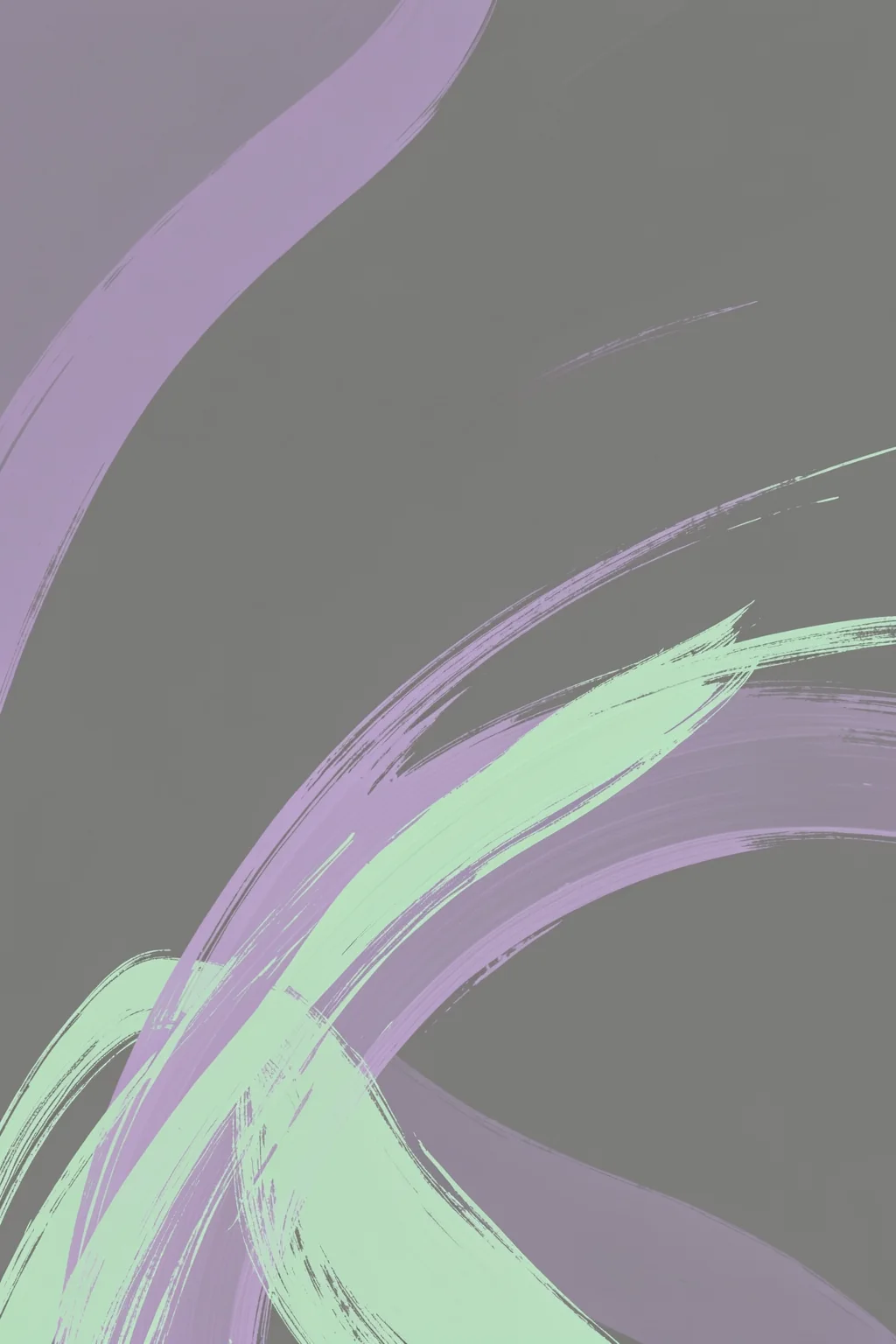 Soft Abstract Shapes. Sweeping lavender and pale mint brushstrokes curve and cross diagonally over a smoky gray background.