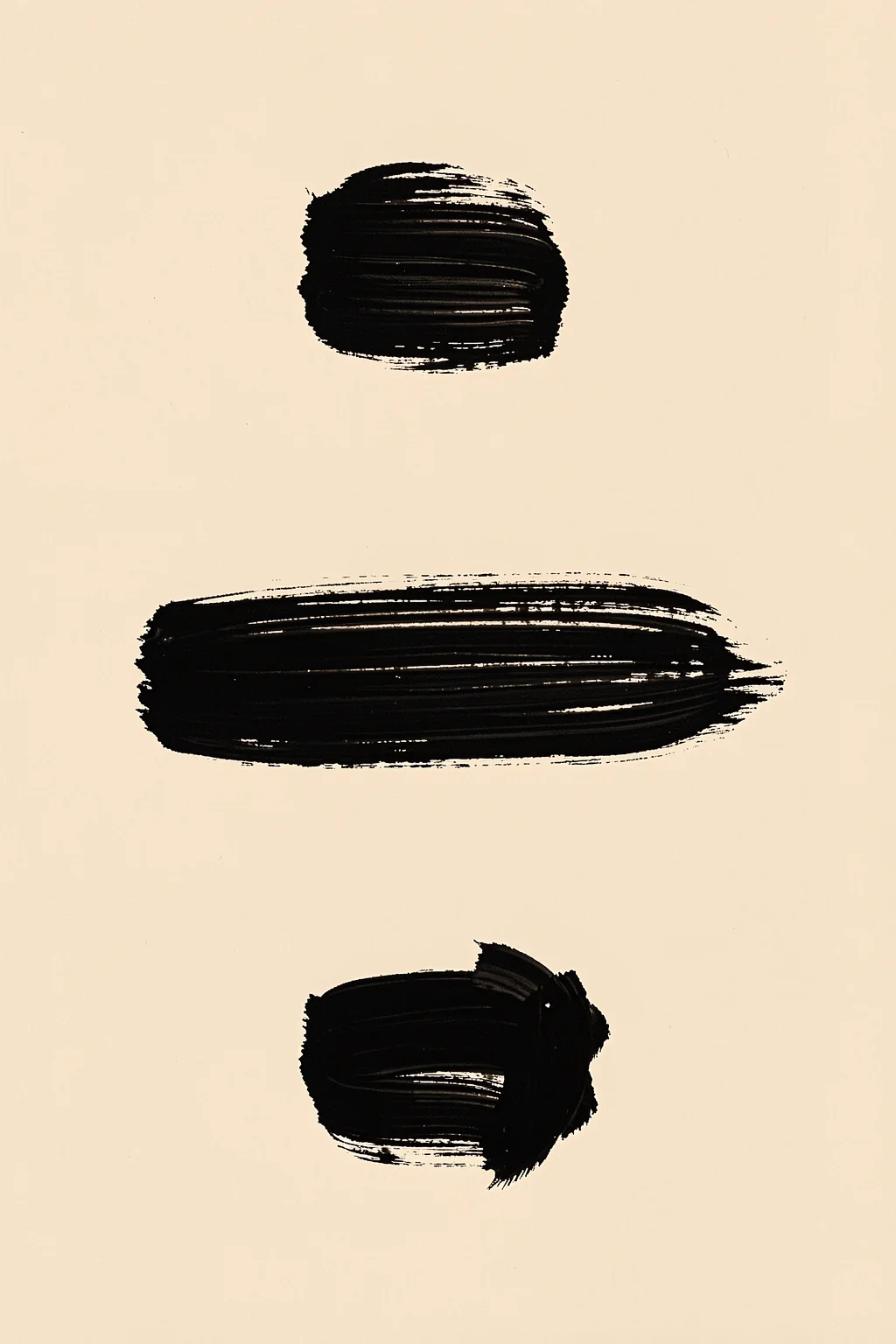 Stacked Organic Forms. Three separate black horizontal brush marks of different lengths are spaced down a warm cream background.