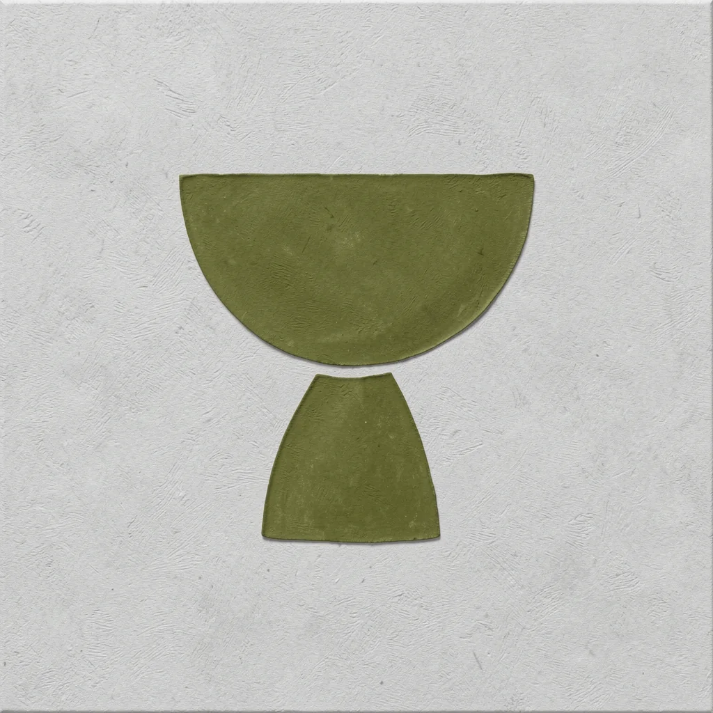Verdant Tranquility. A dark olive-green semicircle above a tapered block forms a simple vase-like silhouette on a pale, textured ground.