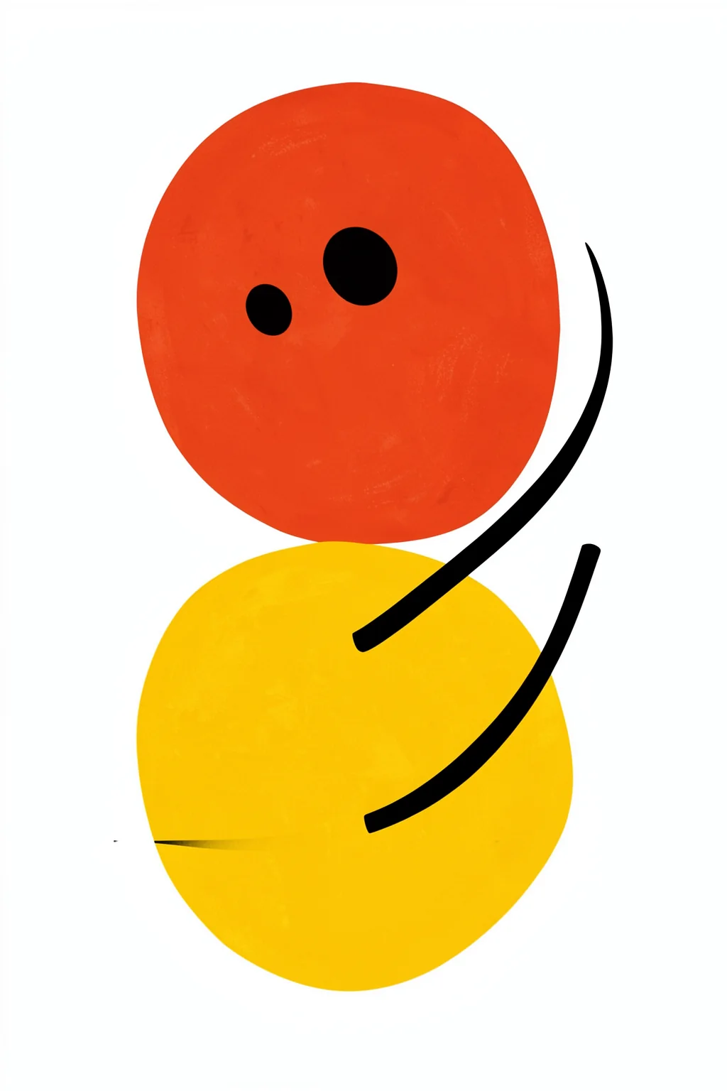 Vibrant Abstract Shapes. Two large orange and yellow rounded forms overlap on white, marked by two black dots and long curved black strokes.