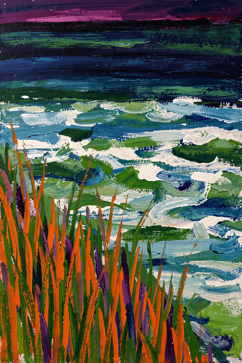 Vibrant Water Lilies. Green lily pads and tall leaves rise from blue water beneath a dark, layered sky, with bright flowers scattered across the pond.