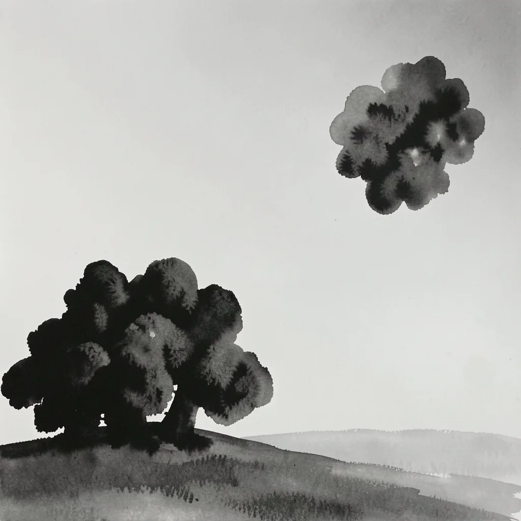 Land 1. A monochrome ink-wash landscape shows a cluster of trees on the left, a smaller tree group above, and layered hills extending across the lower horizon.
